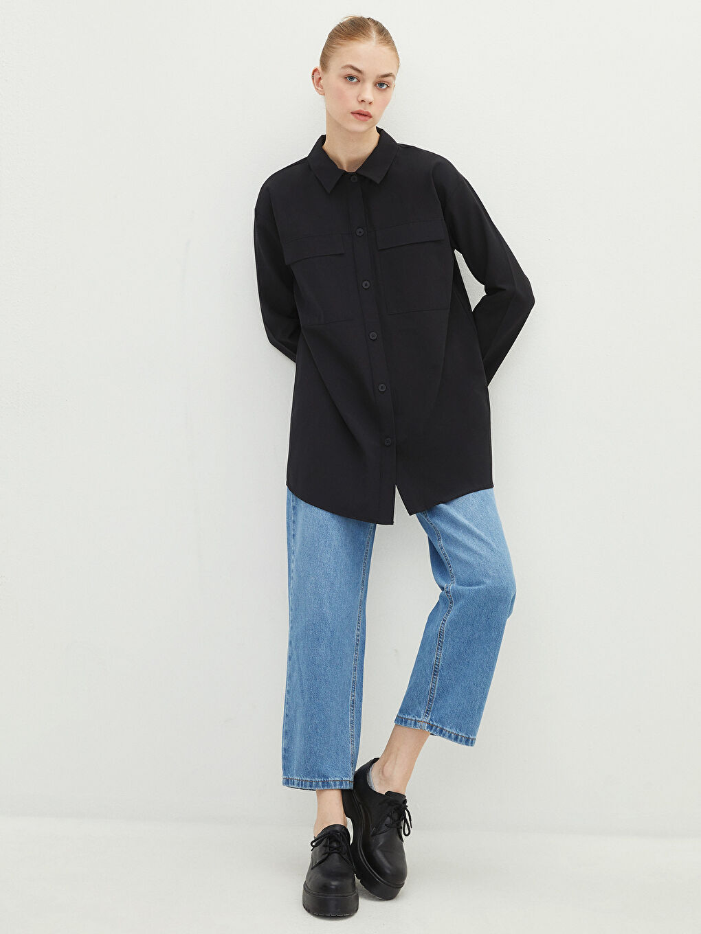 Siyah Düz Poplin Kadın Gömlek Tunik