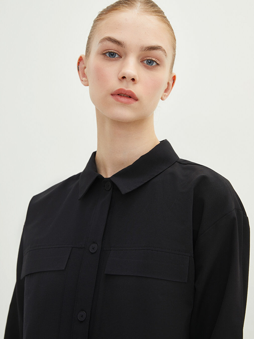 Siyah Düz Poplin Kadın Gömlek Tunik-2