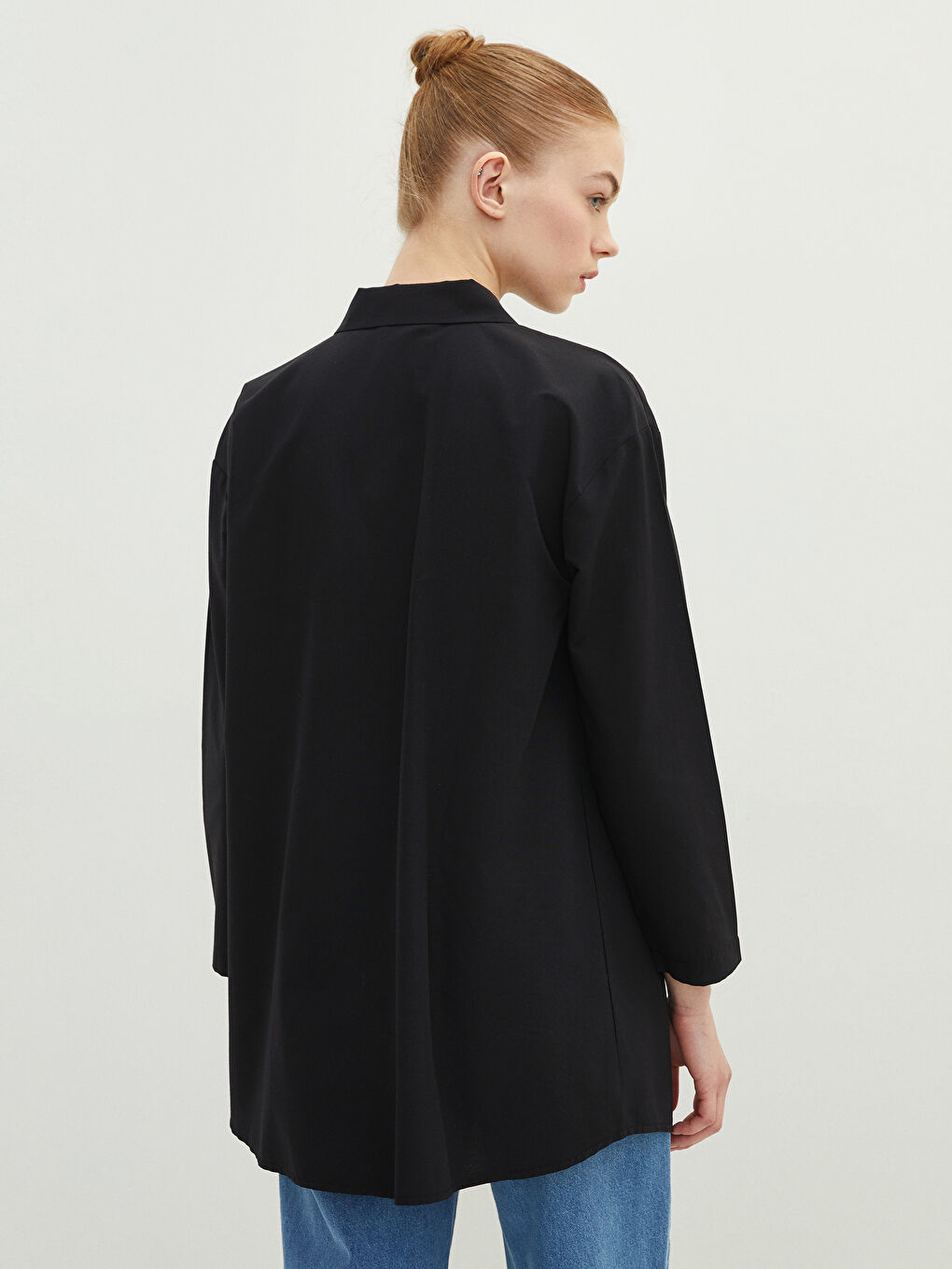 Siyah Düz Poplin Kadın Gömlek Tunik-4