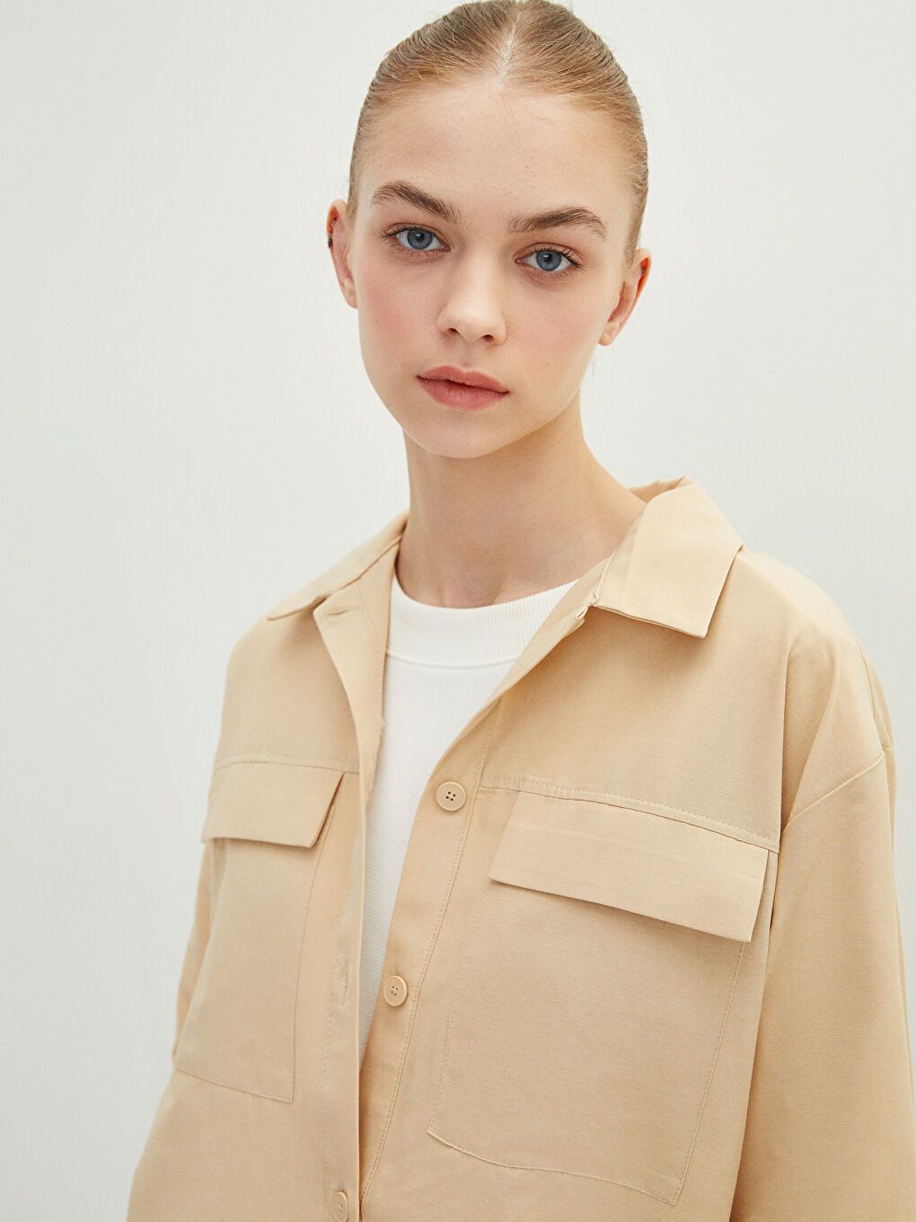 Bej Düz Poplin Kadın Gömlek Tunik-1