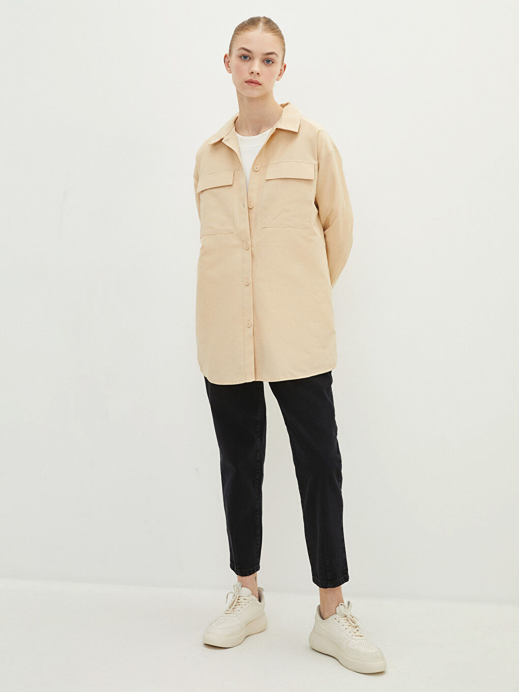 Bej Düz Poplin Kadın Gömlek Tunik-2
