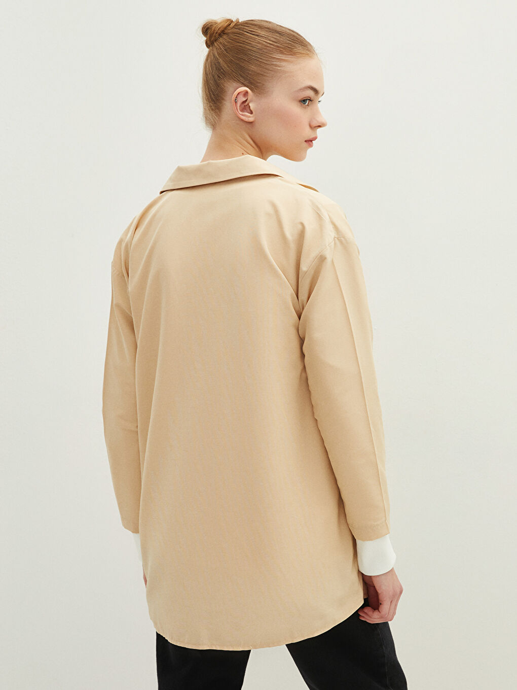 Bej Düz Poplin Kadın Gömlek Tunik-4