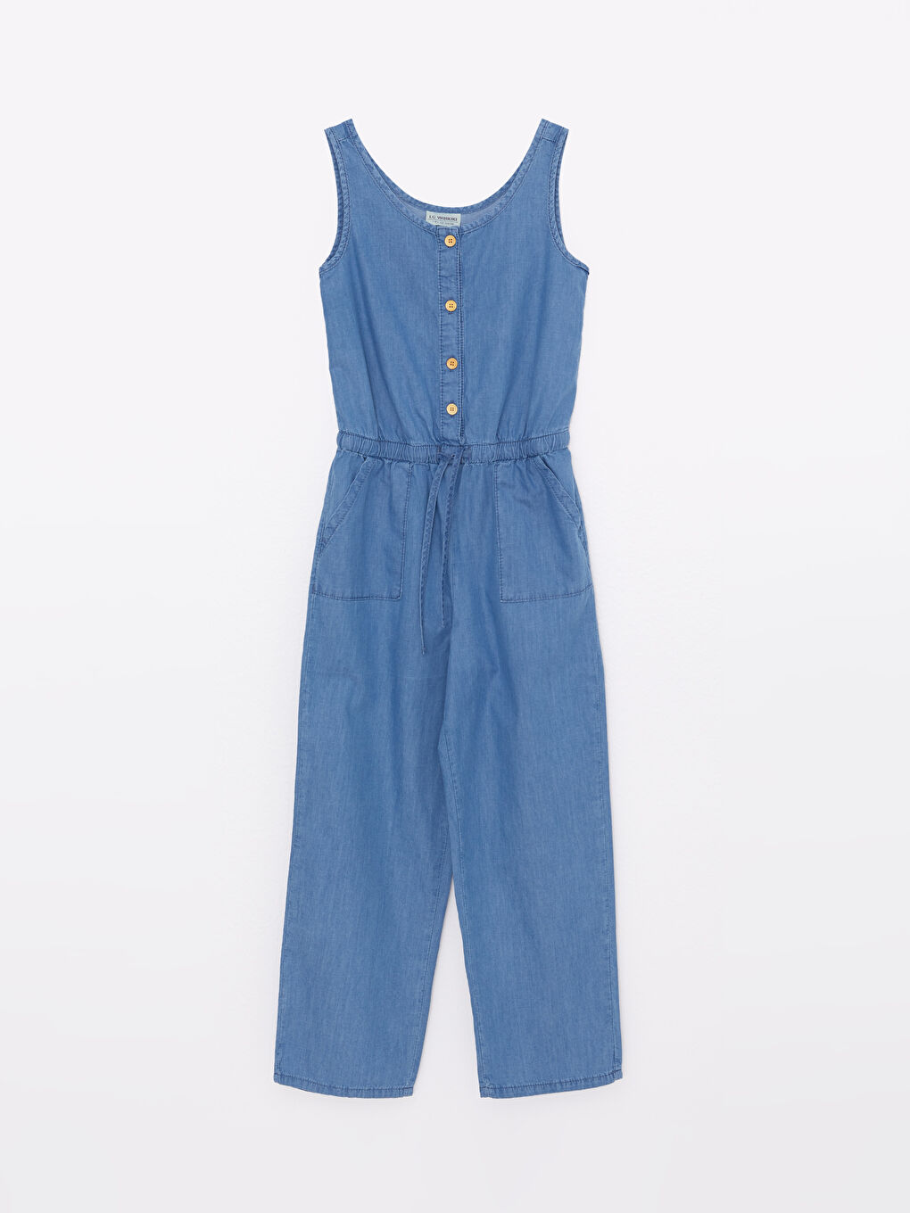 Salopette en Jean Basique en Coton à Col Rond pour Fille