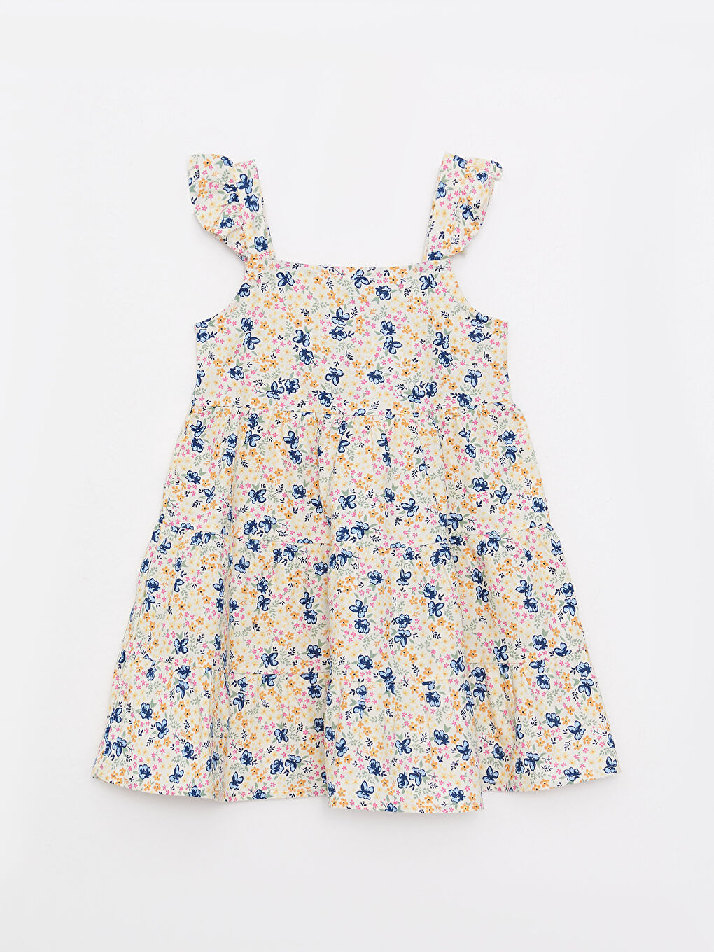 Ekru Kare Yaka Askılı Baskılı Pamuklu Kız Bebek Elbise