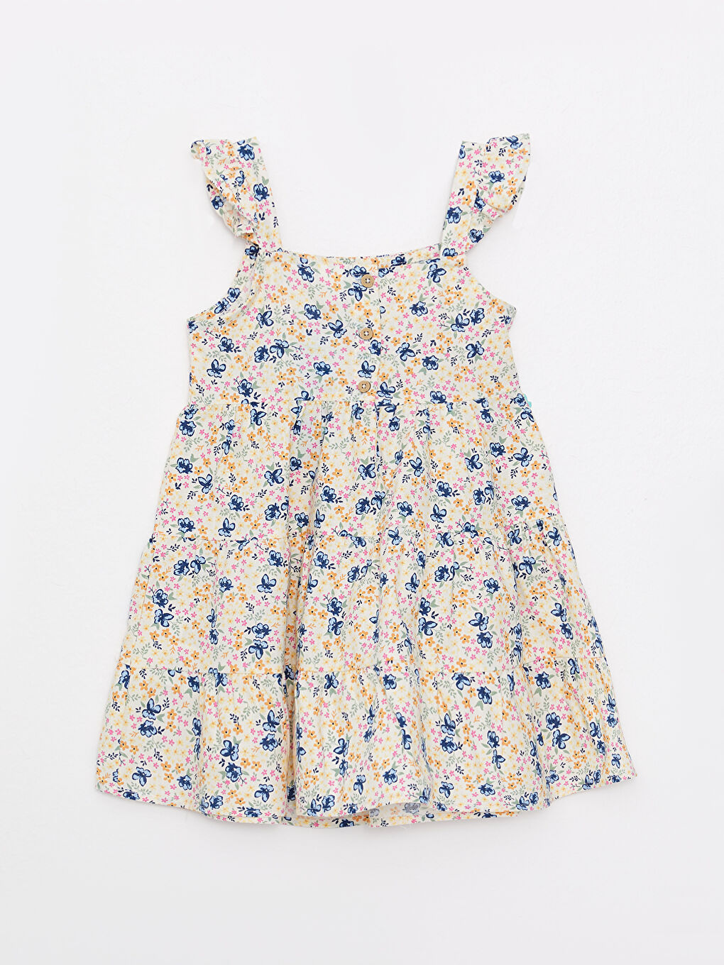 Ekru Kare Yaka Askılı Baskılı Pamuklu Kız Bebek Elbise-1