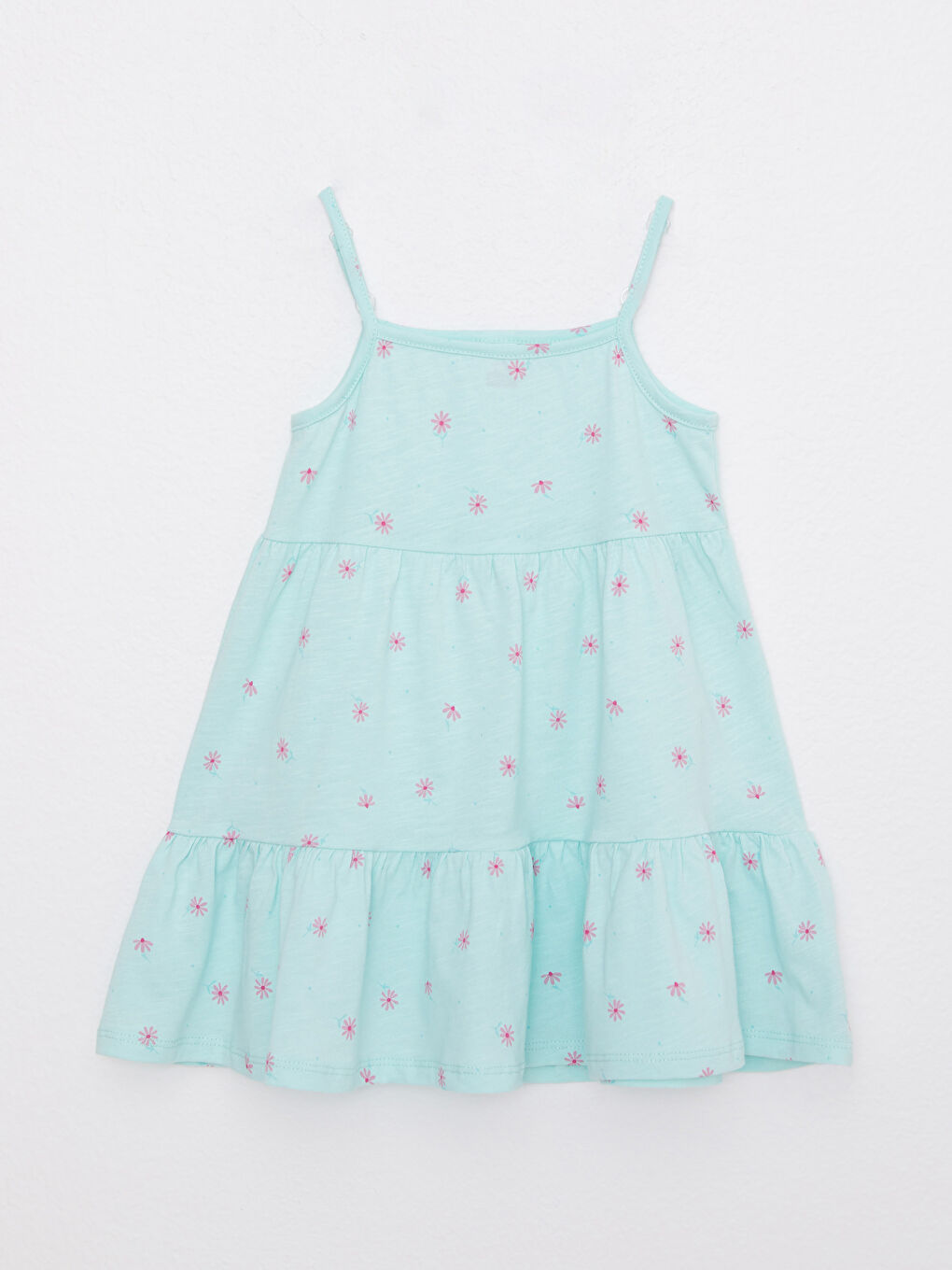 Yeşil Kare Yaka Askılı Baskılı Kız Bebek Elbise