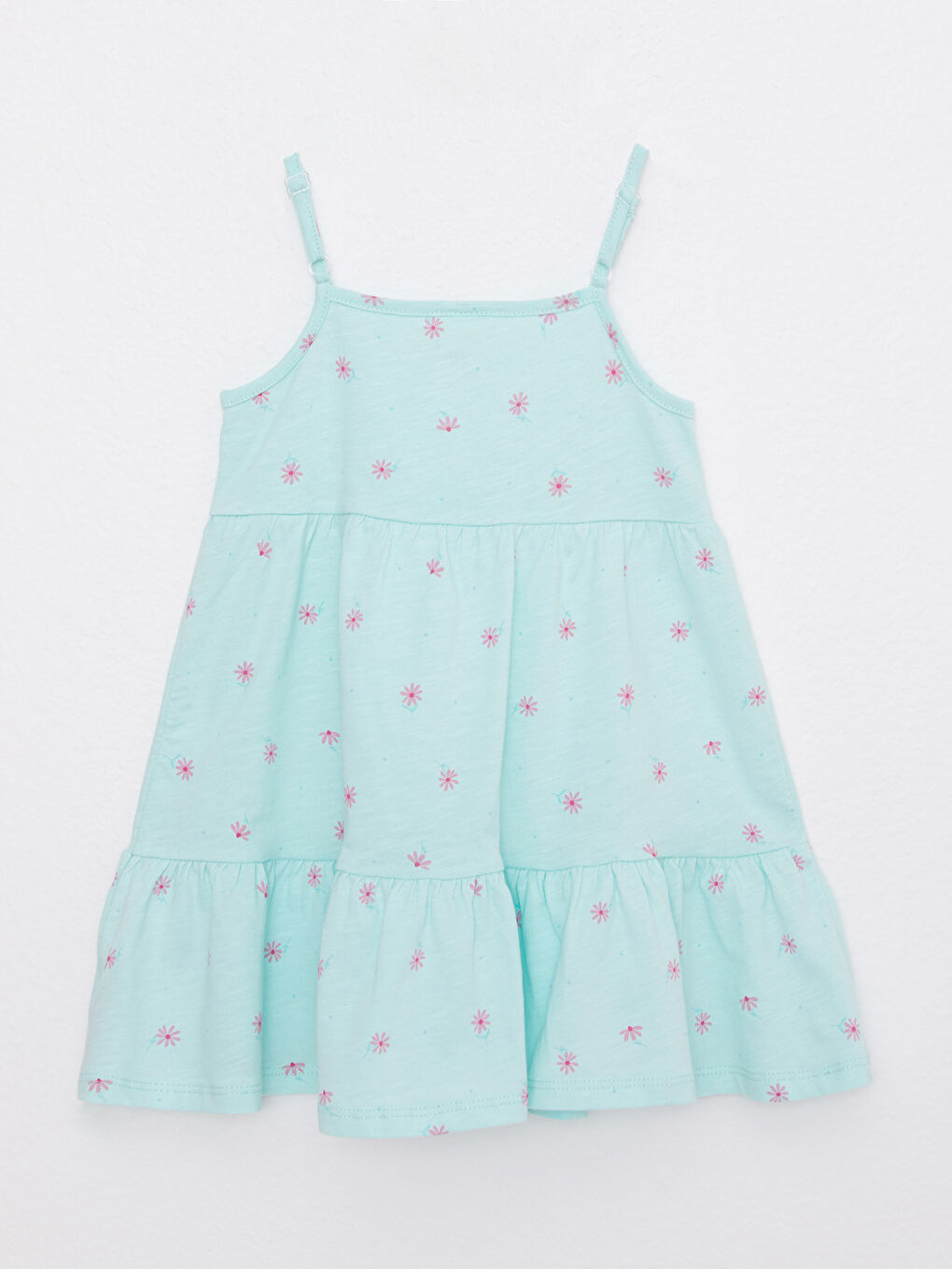 Yeşil Kare Yaka Askılı Baskılı Kız Bebek Elbise-1