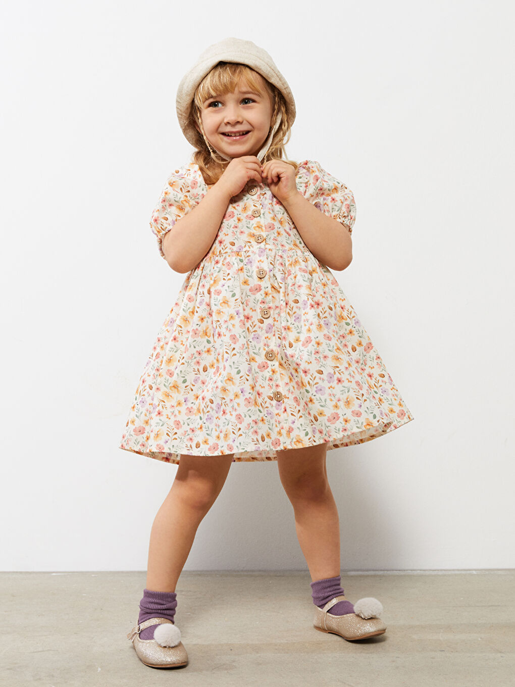 Robe Bébé Fille Imprimée en Coton à Manches Courtes et Col Carré