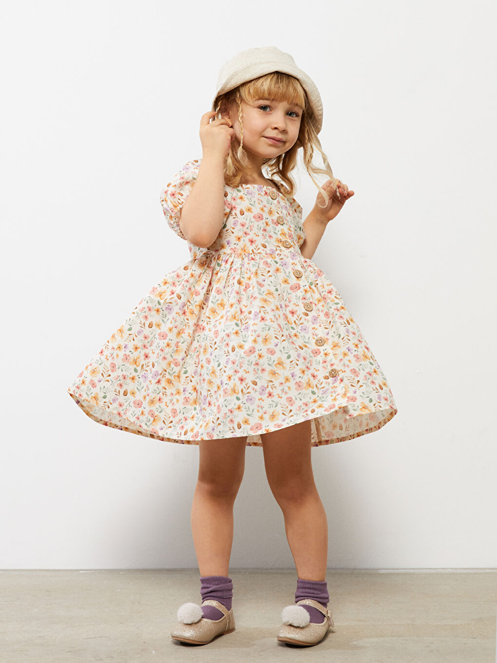 Robe Bébé Fille Imprimée en Coton à Manches Courtes et Col Carré-1