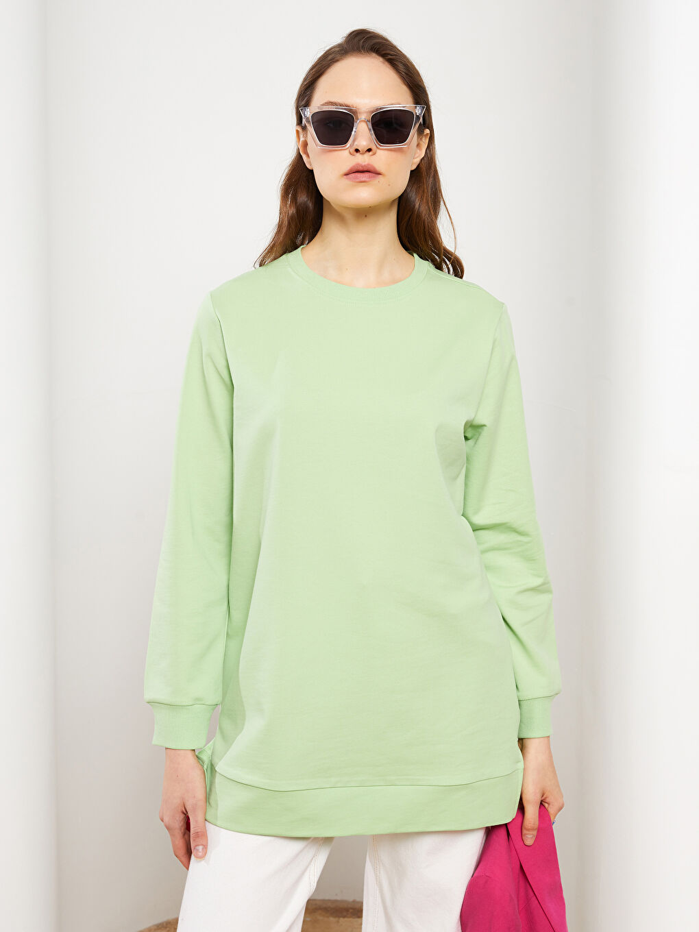 Yeşil Bisiklet Yaka Düz Uzun Kollu Kadın Sweatshirt Tunik