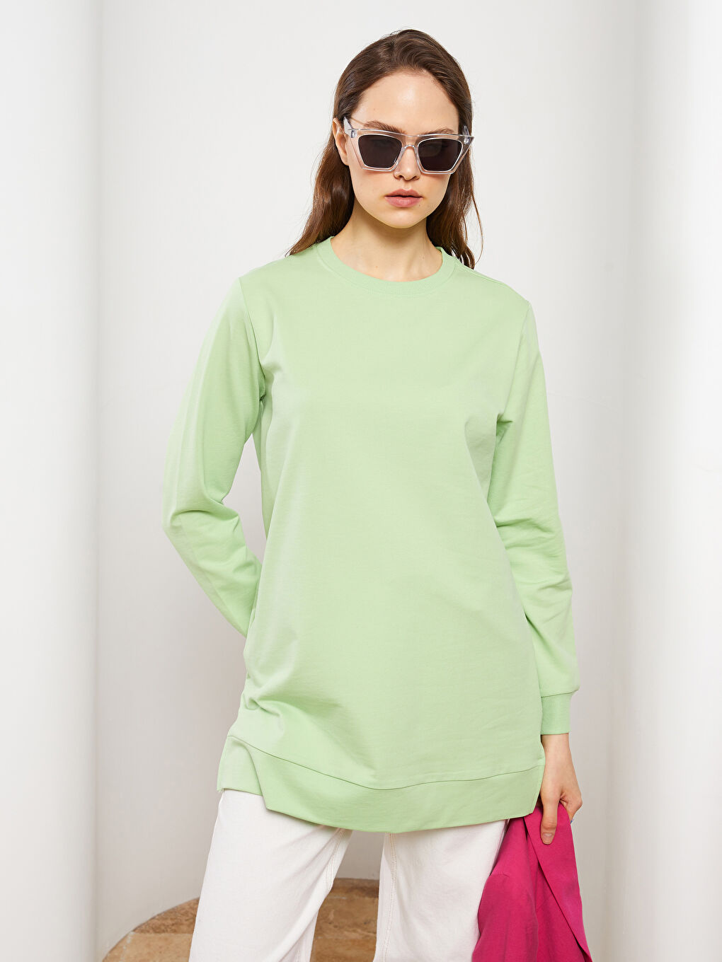 Yeşil Bisiklet Yaka Düz Uzun Kollu Kadın Sweatshirt Tunik-1