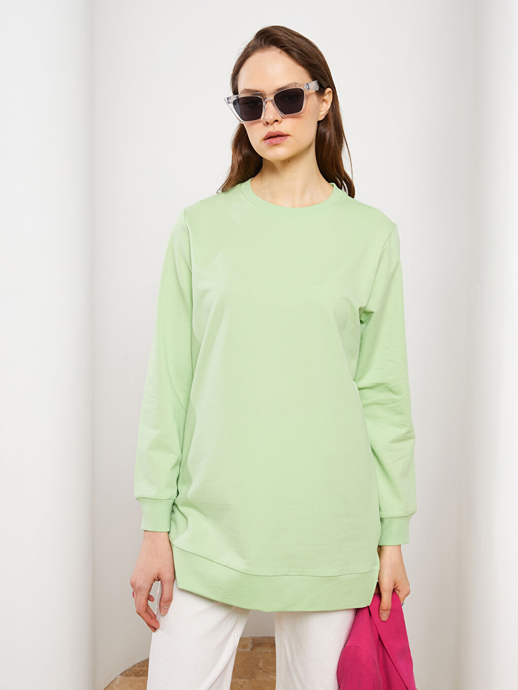 Yeşil Bisiklet Yaka Düz Uzun Kollu Kadın Sweatshirt Tunik-2