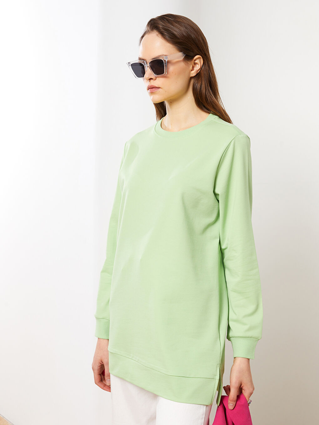 Yeşil Bisiklet Yaka Düz Uzun Kollu Kadın Sweatshirt Tunik-3