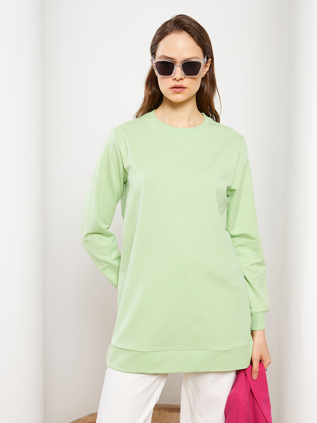 Yeşil Bisiklet Yaka Düz Uzun Kollu Kadın Sweatshirt Tunik-4