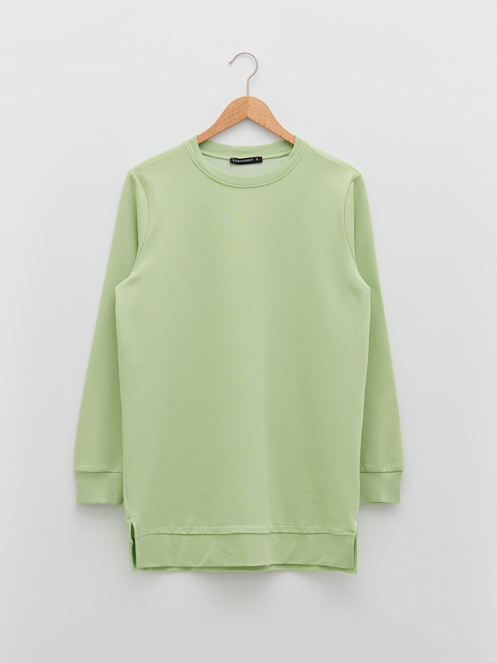 Yeşil Bisiklet Yaka Düz Uzun Kollu Kadın Sweatshirt Tunik-6