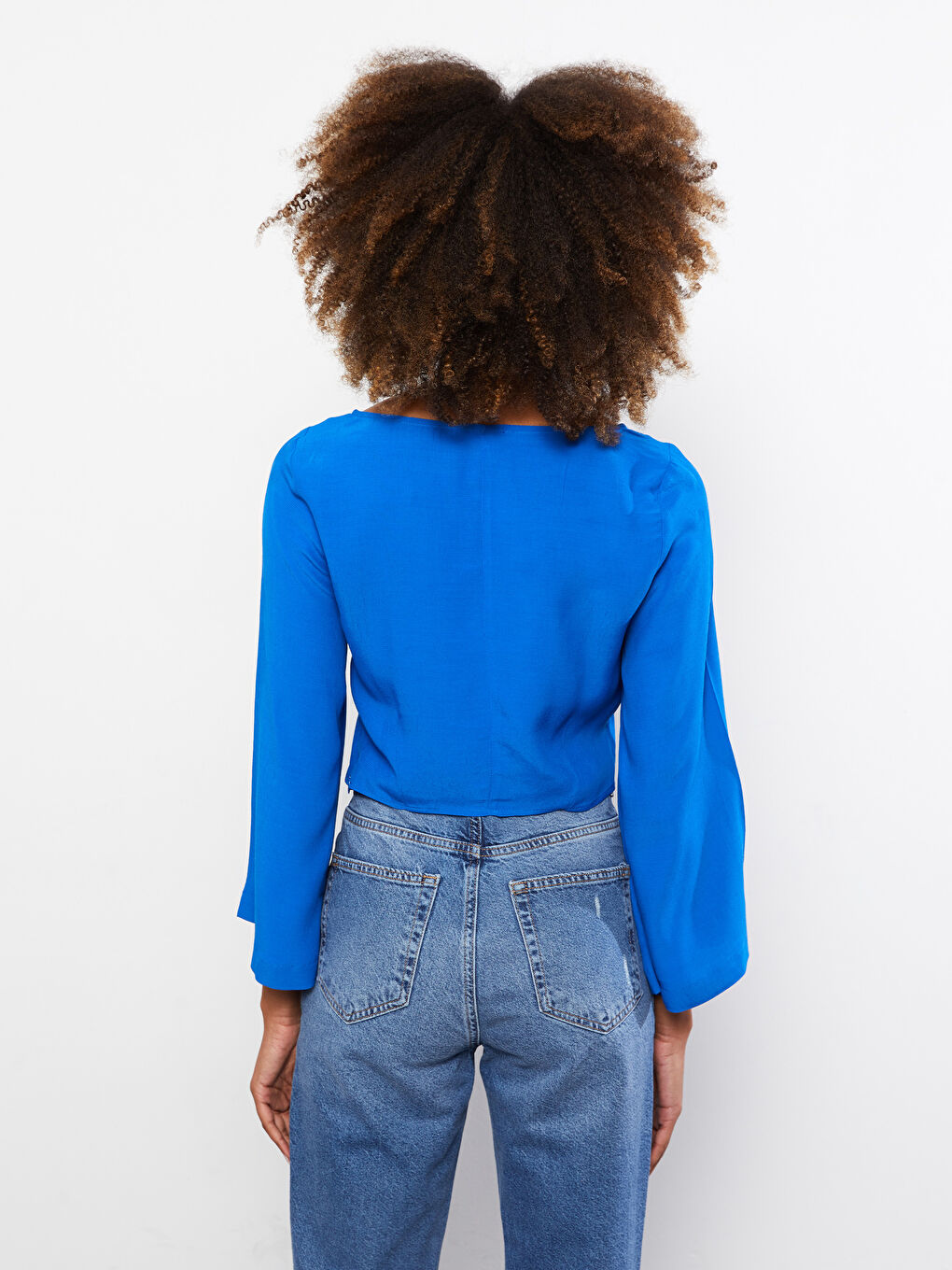 Mavi Kalp Yaka Düz Uzun Kollu Viskon Kadın Bluz-5