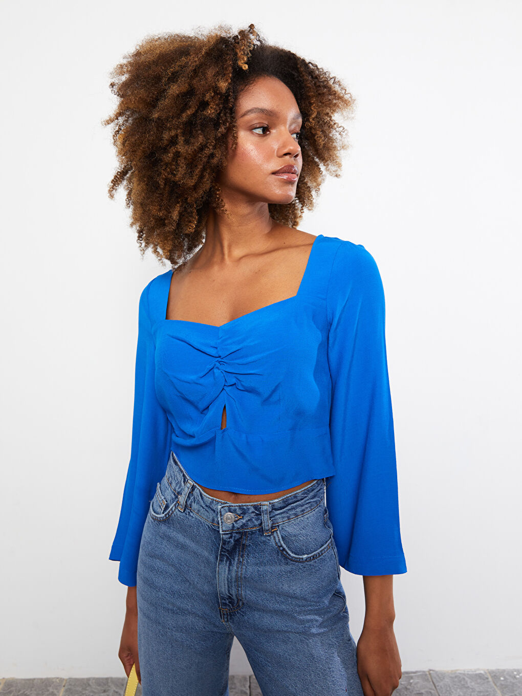 Mavi Kalp Yaka Düz Uzun Kollu Viskon Kadın Bluz-3