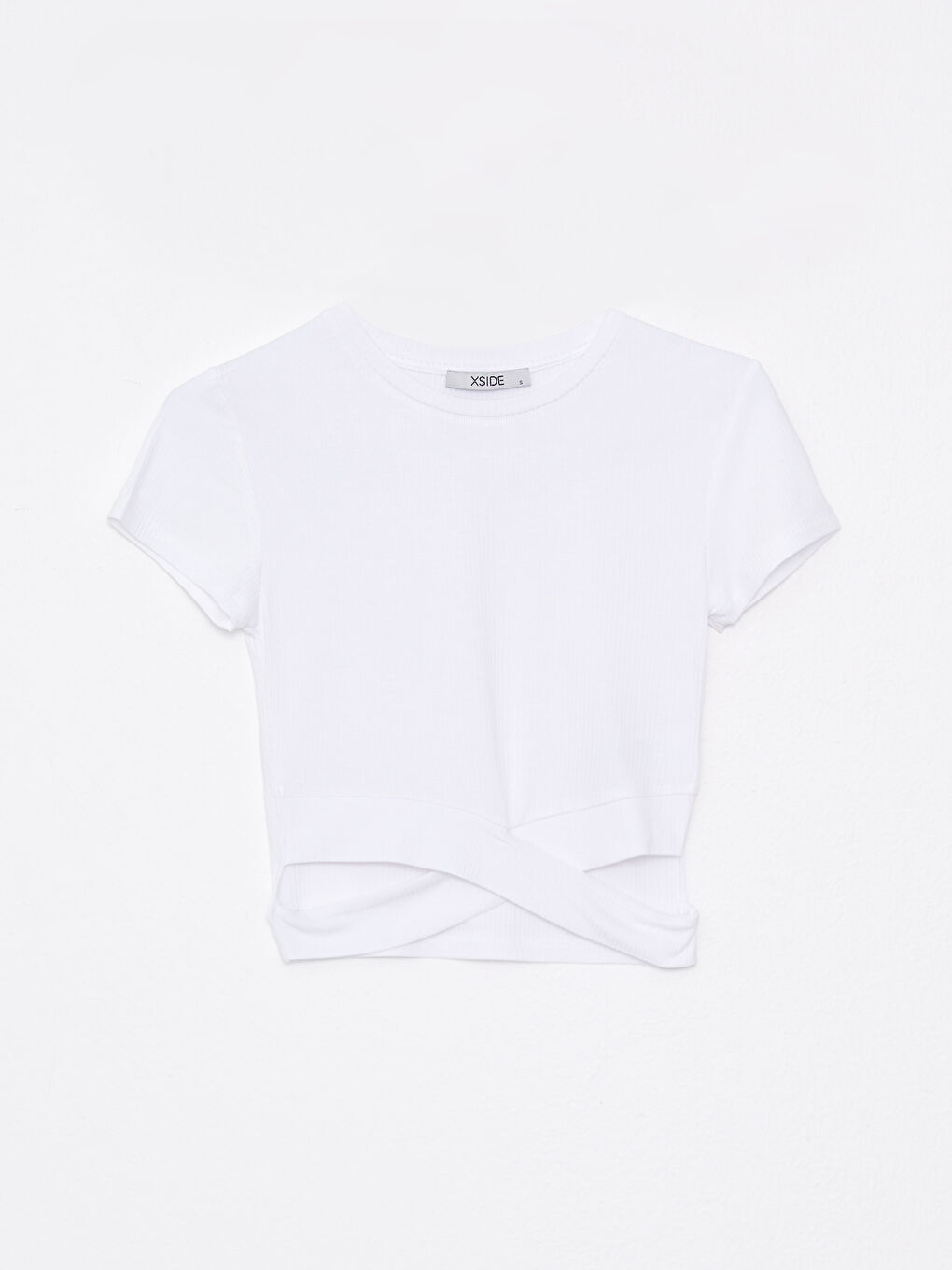 Beyaz Bisiklet Yaka Düz Kısa Kollu Kadın Crop-4