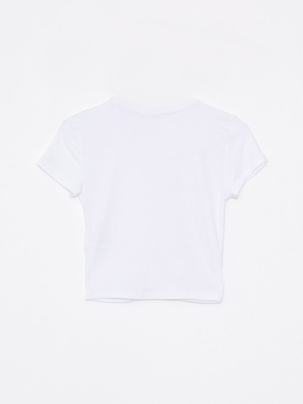 Beyaz Bisiklet Yaka Düz Kısa Kollu Kadın Crop-5