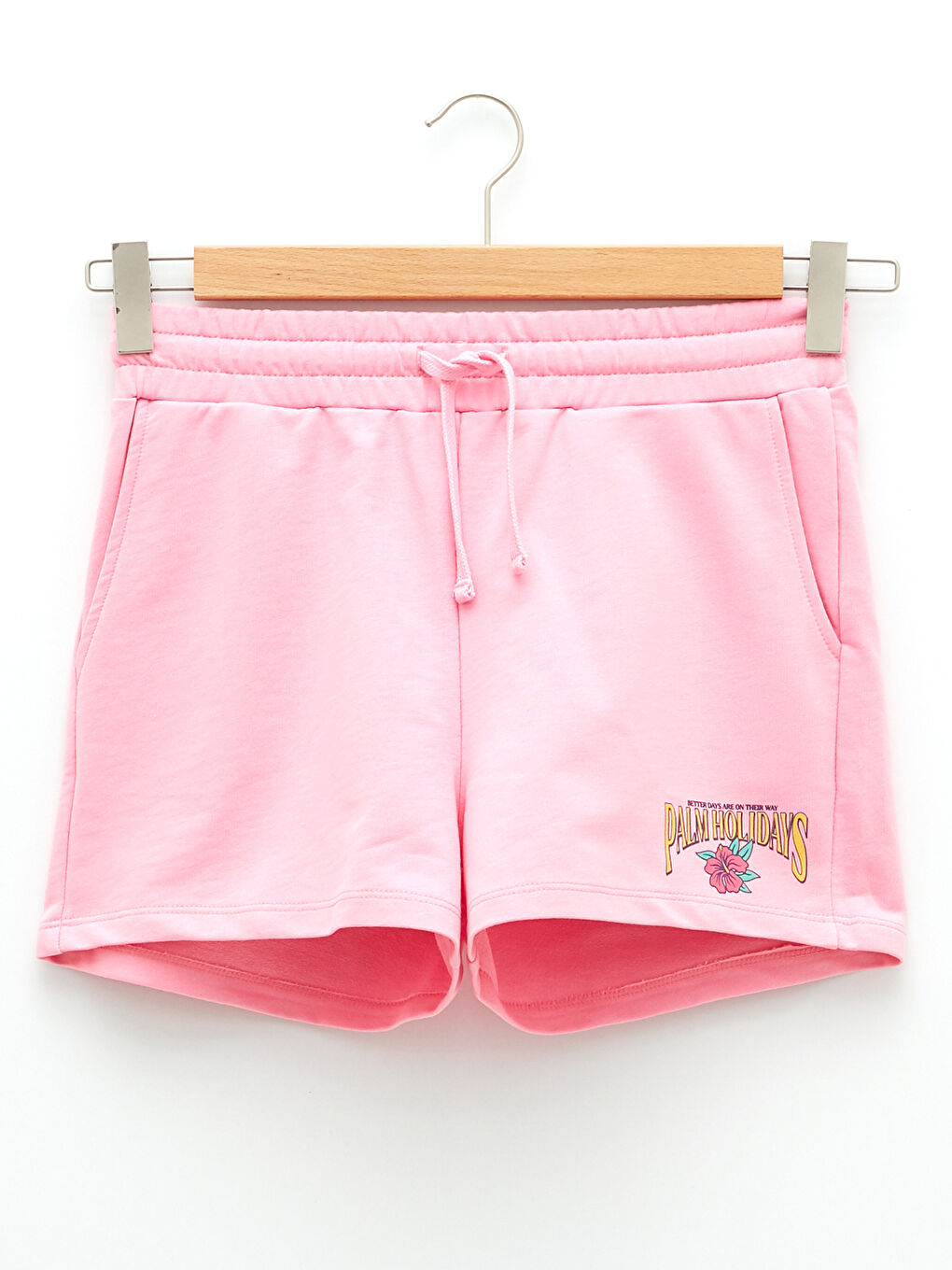 Pembe Beli Lastikli Baskılı Cep Detaylı Kadın Bermuda Şort-6