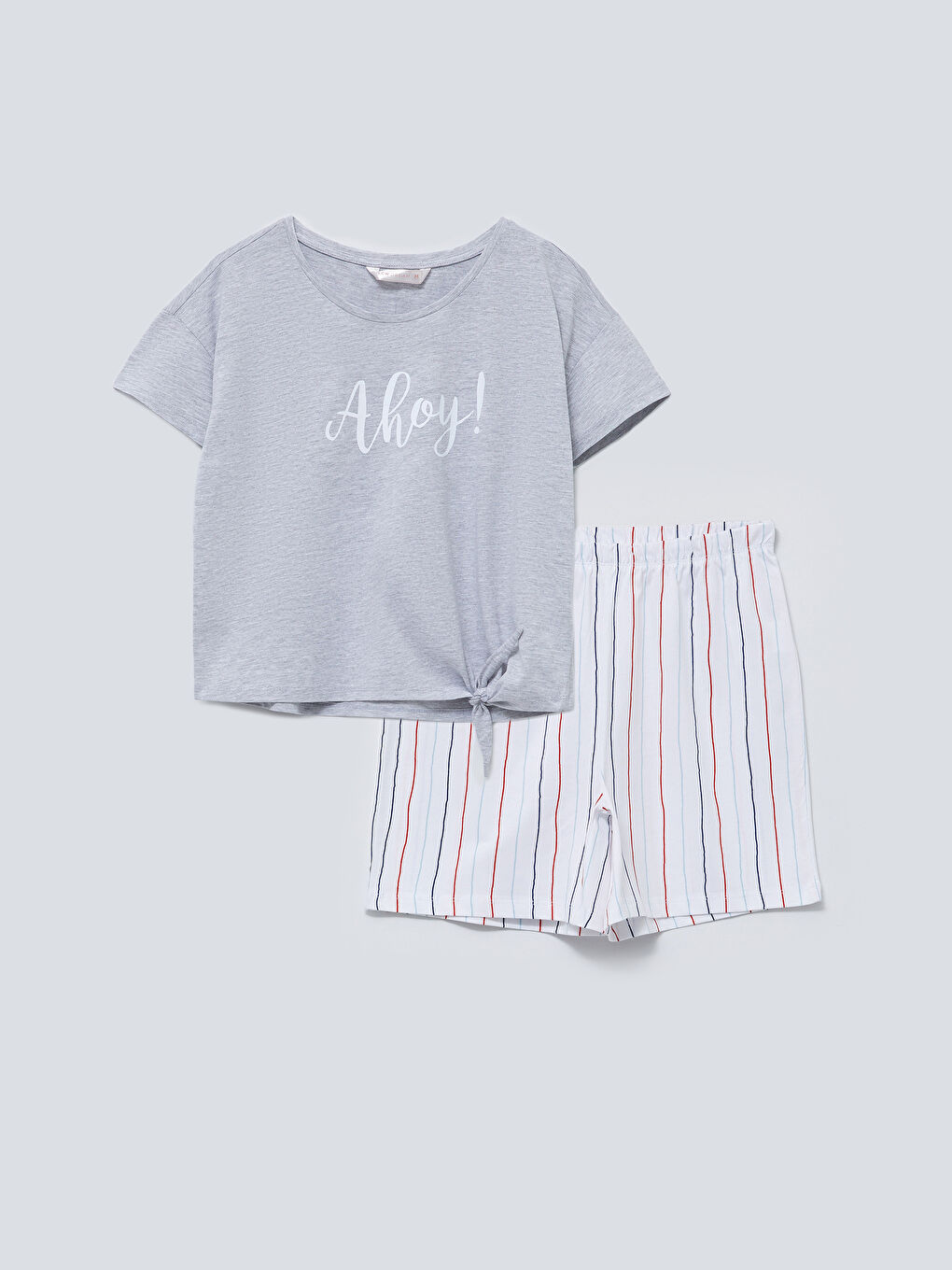 Ekru Bisiklet Yaka Baskılı Kısa Kollu Kadın Pijama Takımı-4