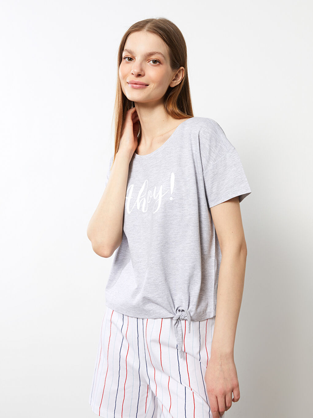 Ekru Bisiklet Yaka Baskılı Kısa Kollu Kadın Pijama Takımı-1