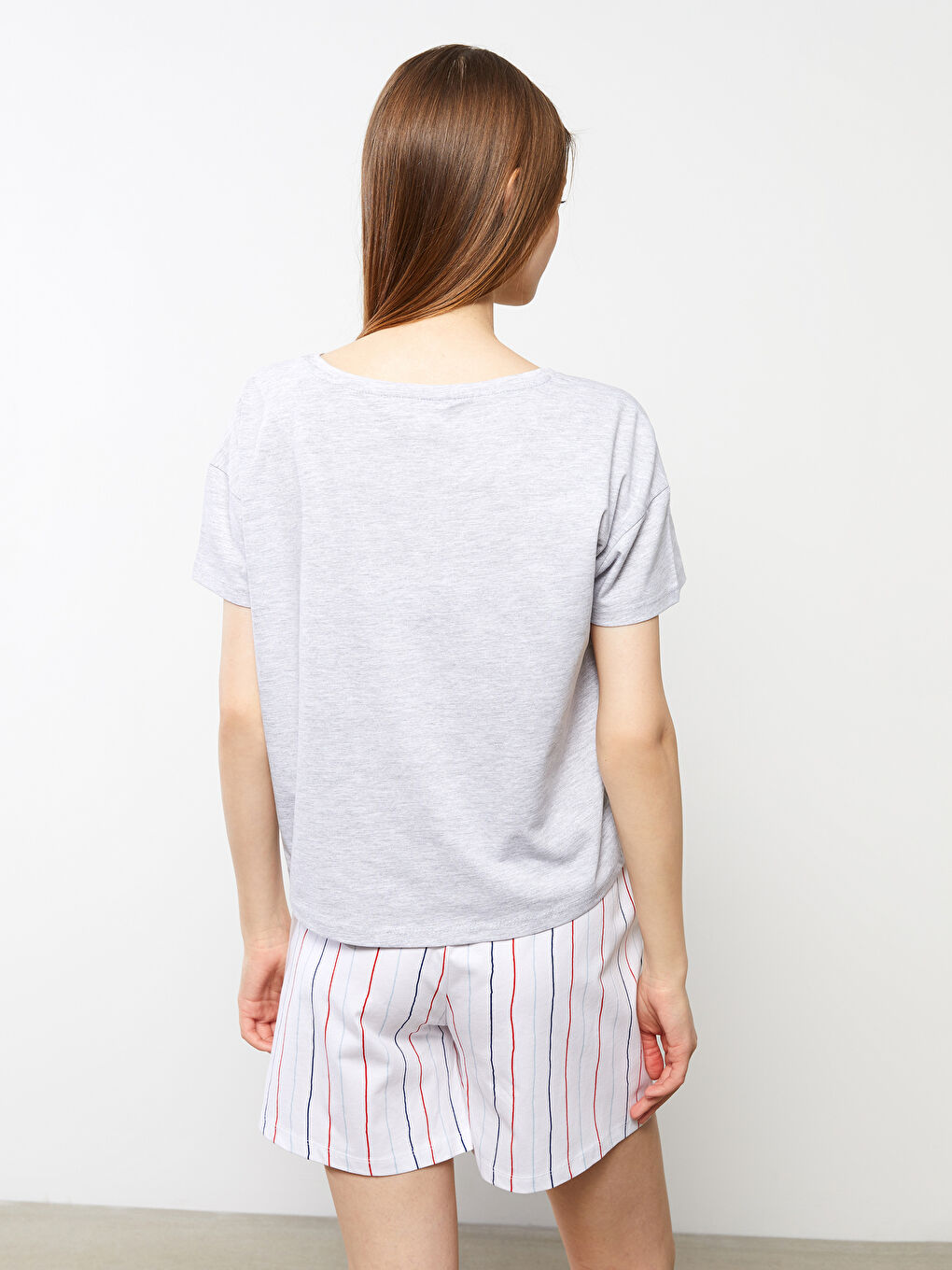 Ekru Bisiklet Yaka Baskılı Kısa Kollu Kadın Pijama Takımı-3