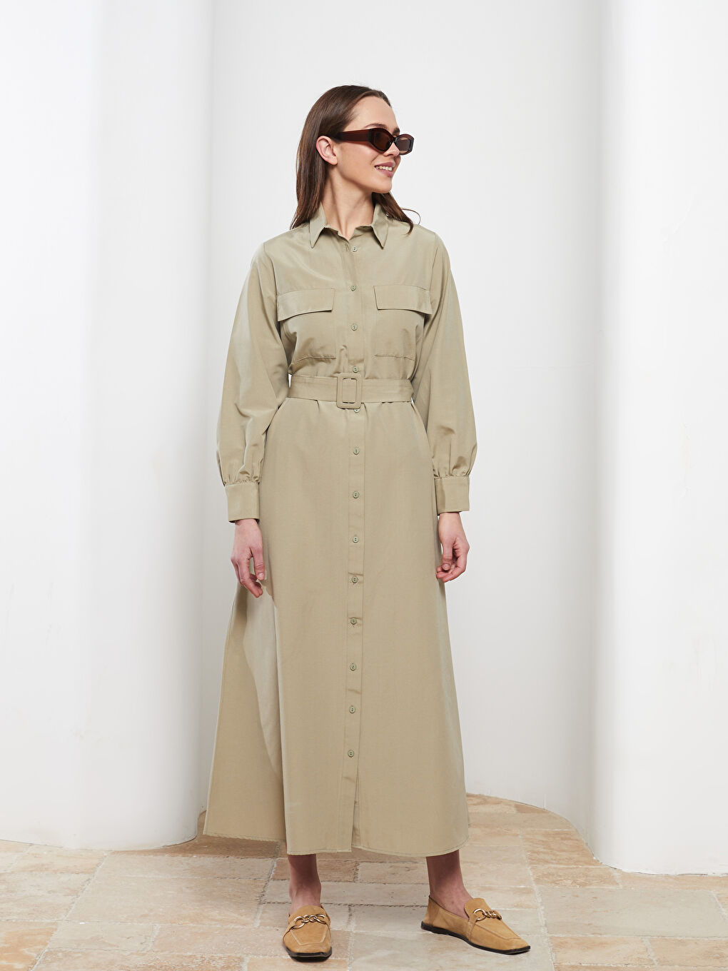 Haki Önden Düğme Kapamalı Düz Uzun Kollu Poplin Kadın Gömlek Gömlek Elbise