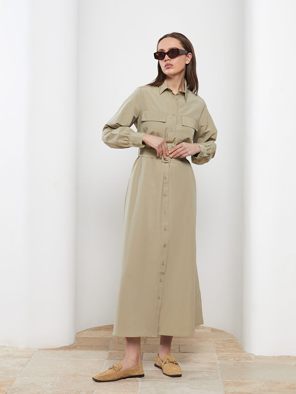 Haki Önden Düğme Kapamalı Düz Uzun Kollu Poplin Kadın Gömlek Gömlek Elbise-1