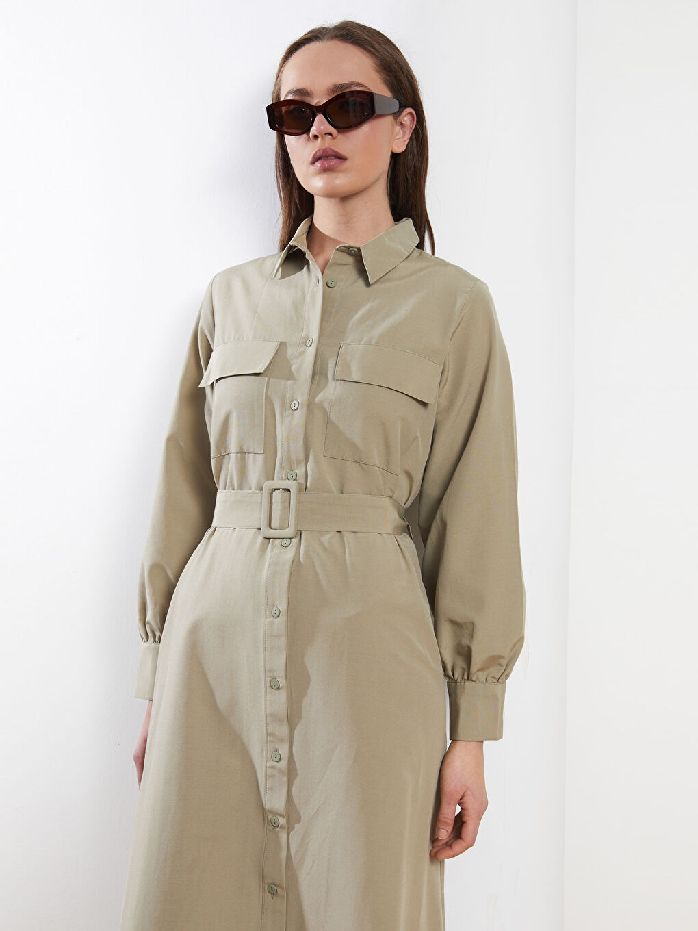 Haki Önden Düğme Kapamalı Düz Uzun Kollu Poplin Kadın Gömlek Gömlek Elbise-2