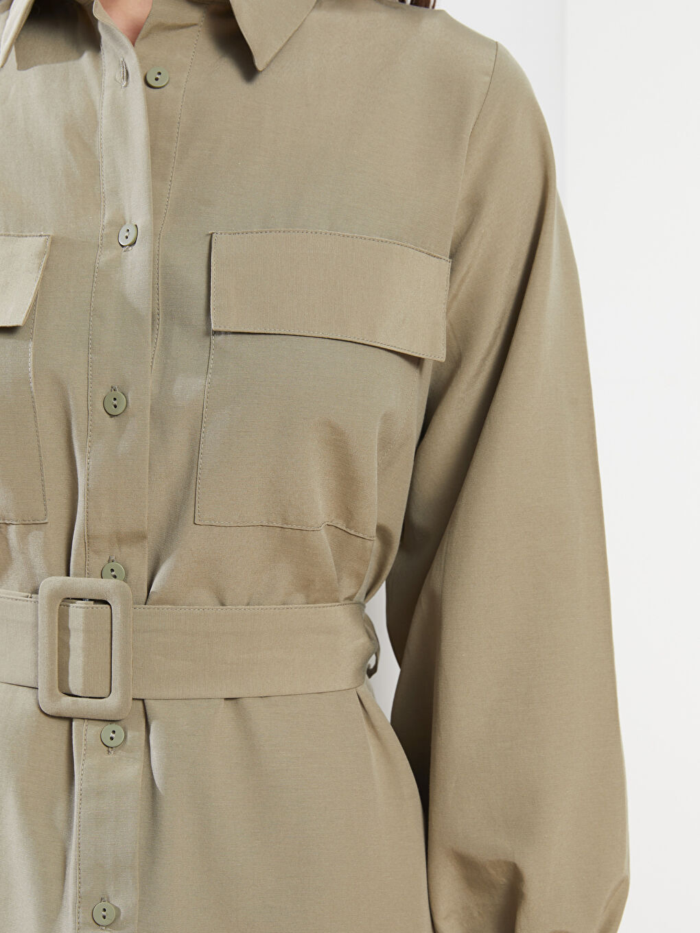 Haki Önden Düğme Kapamalı Düz Uzun Kollu Poplin Kadın Gömlek Gömlek Elbise-3