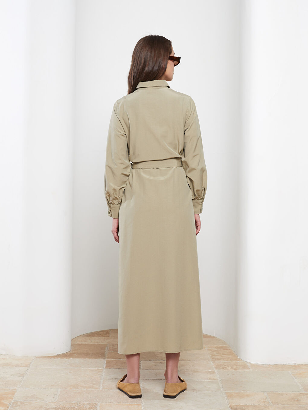 Haki Önden Düğme Kapamalı Düz Uzun Kollu Poplin Kadın Gömlek Gömlek Elbise-4