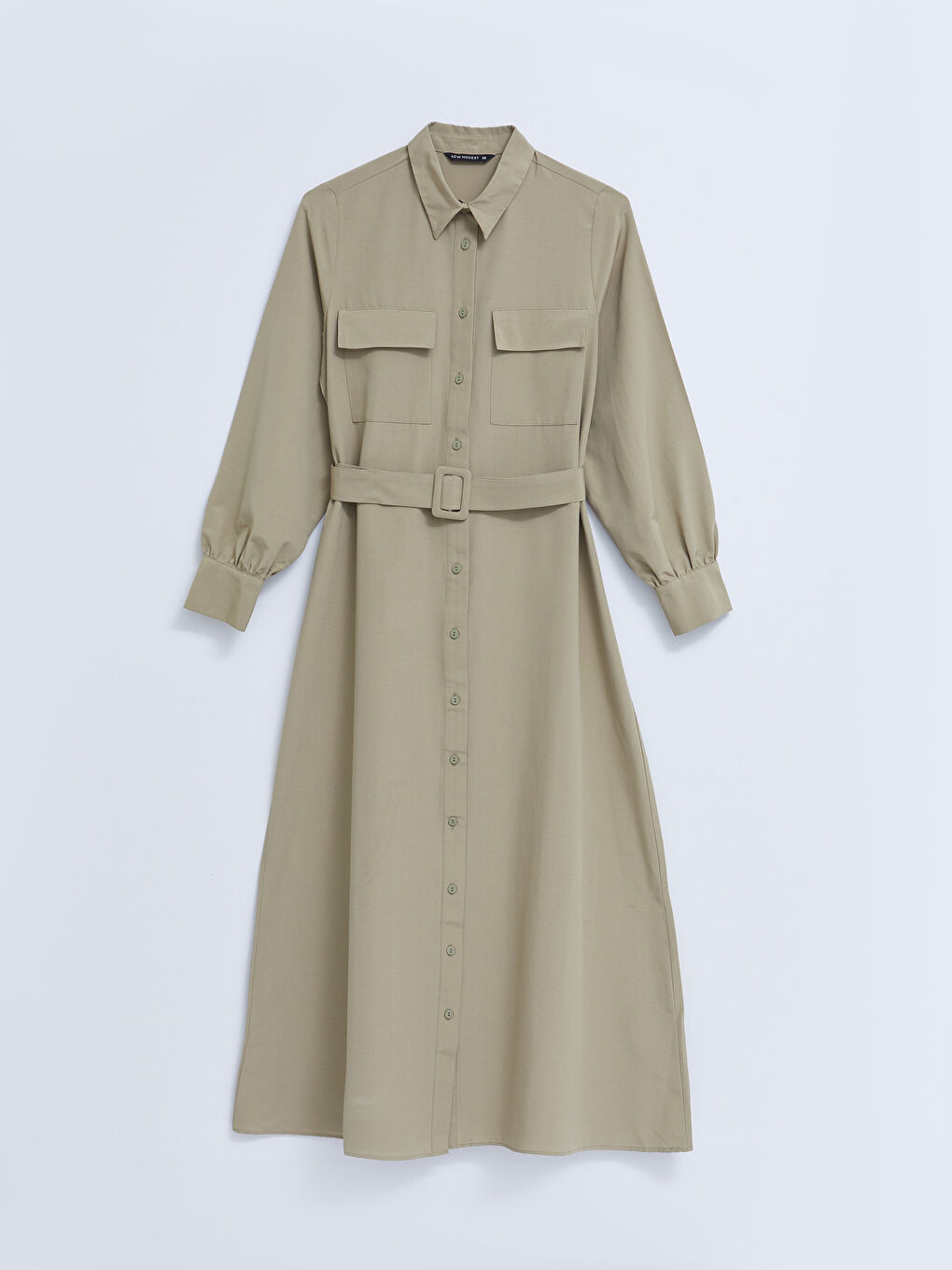 Haki Önden Düğme Kapamalı Düz Uzun Kollu Poplin Kadın Gömlek Gömlek Elbise-5