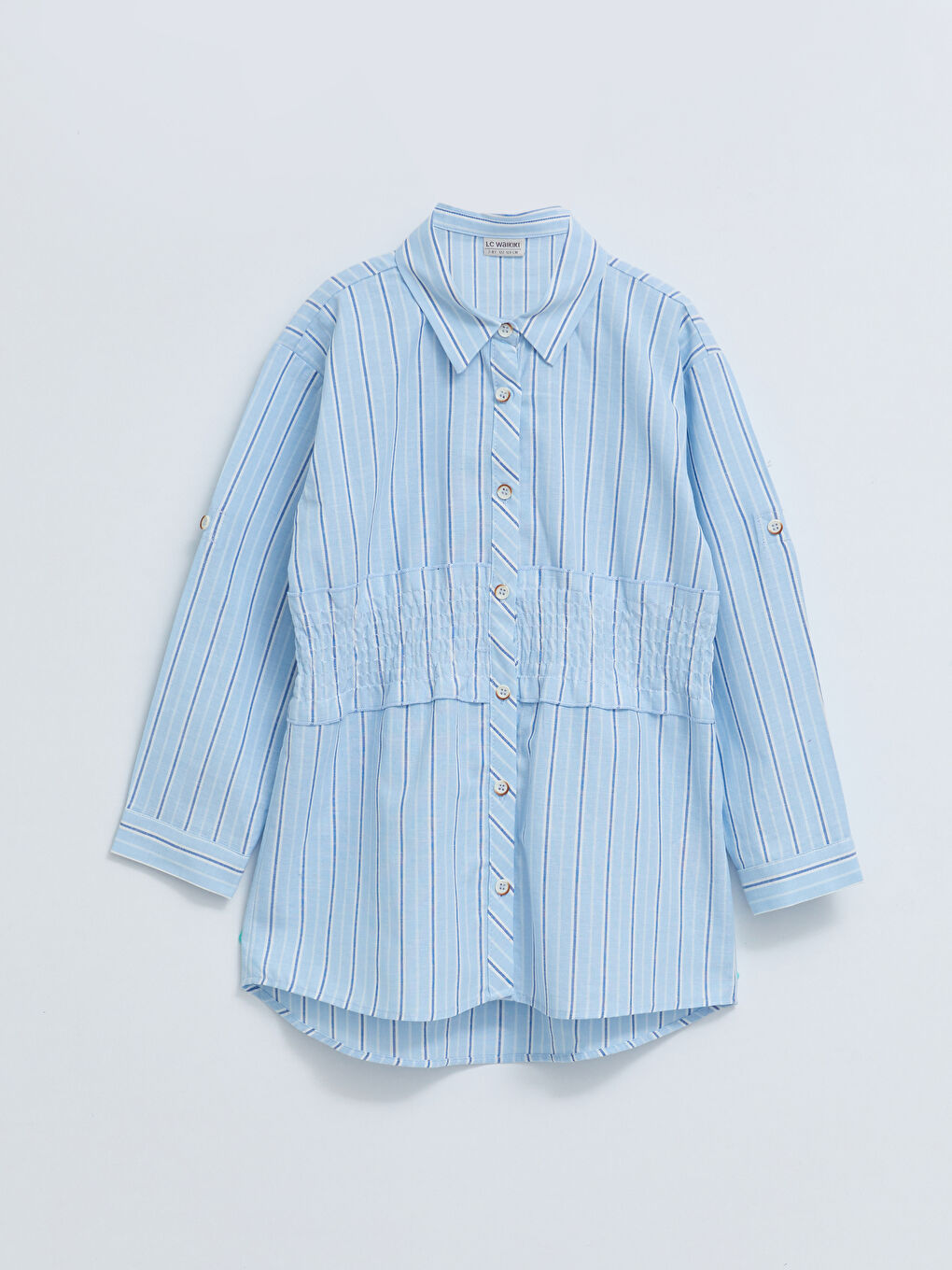 Mavi Gömlek Yaka Çizgili Uzun Kollu Pamuklu Kız Çocuk Tunik