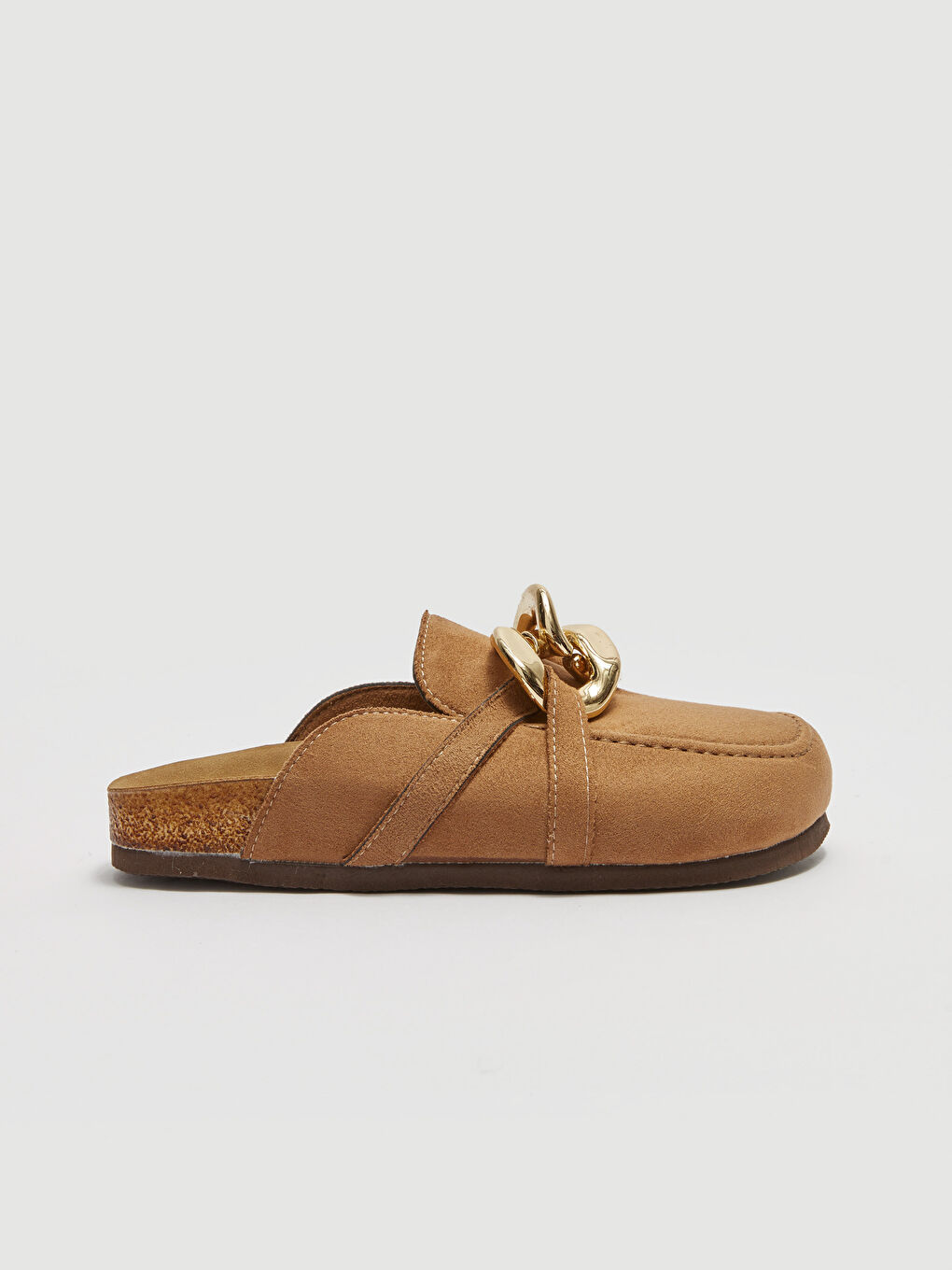 Kahverengi Deri Görünümlü Metal Tokalı Kadın Terlik-1