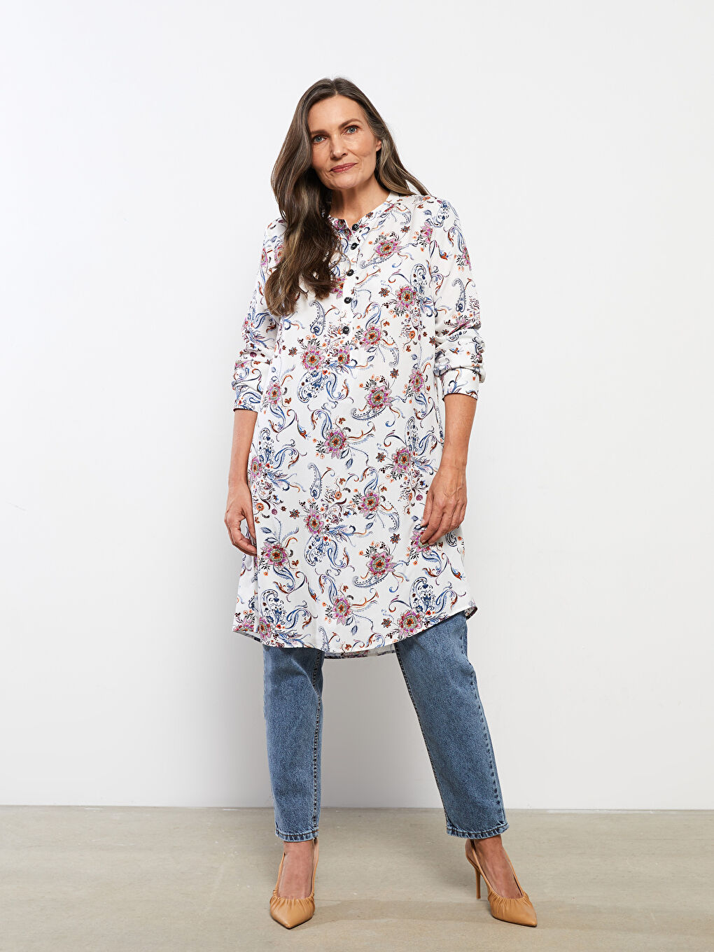 Crew Neck Floral Long Sleeve Viscose Women's Tunic