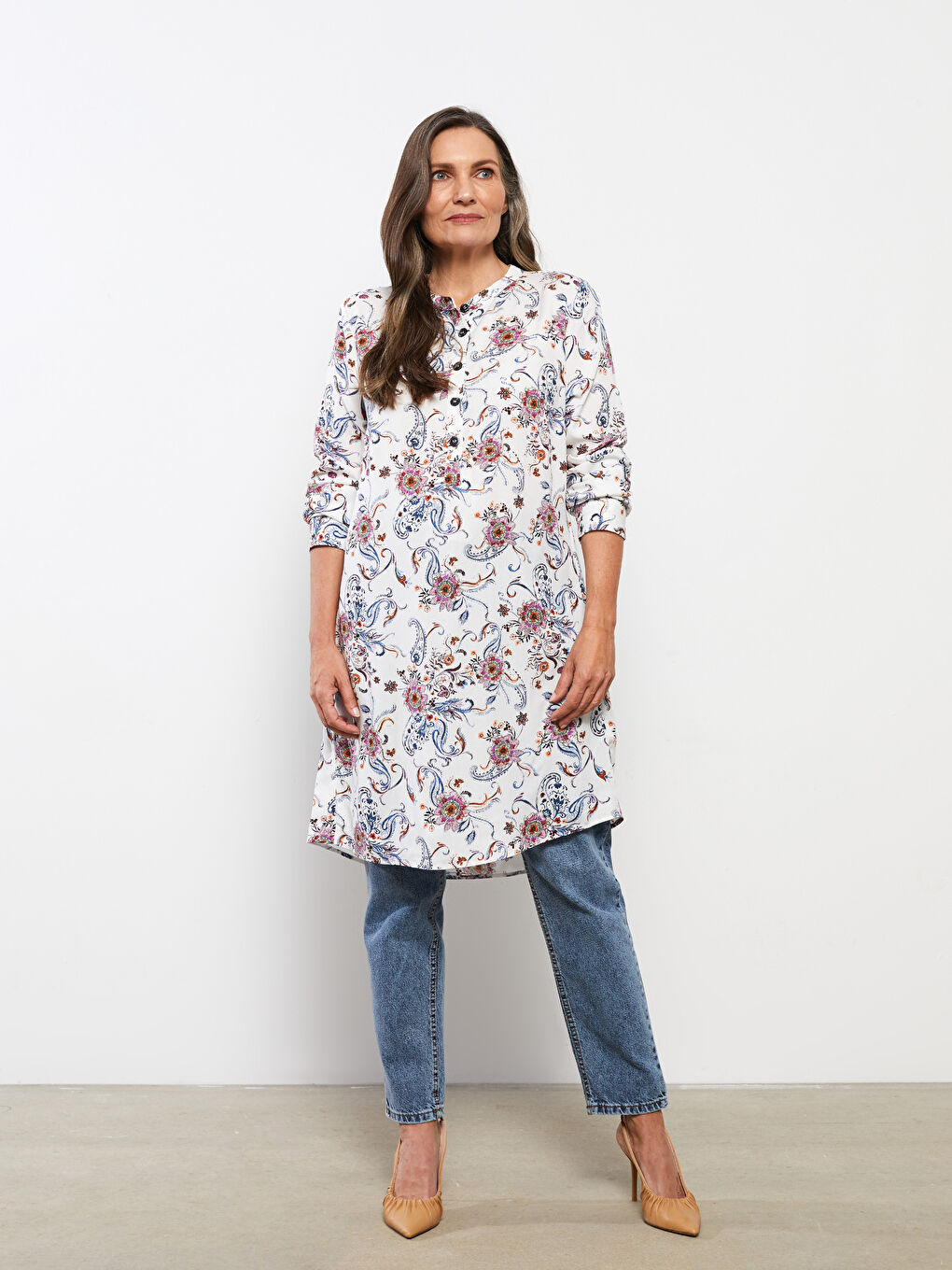 Crew Neck Floral Long Sleeve Viscose Women's Tunic-1