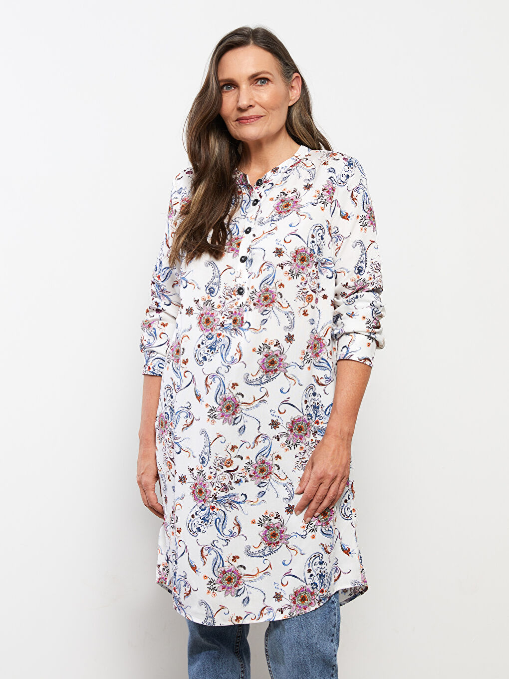 Crew Neck Floral Long Sleeve Viscose Women's Tunic-2