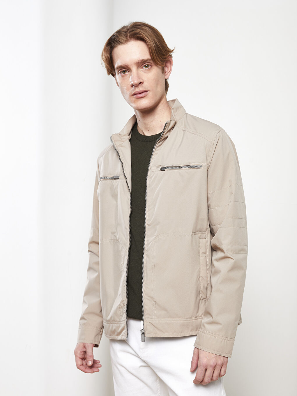 Bej Standart Kalıp Dik Yaka Erkek Mont-1