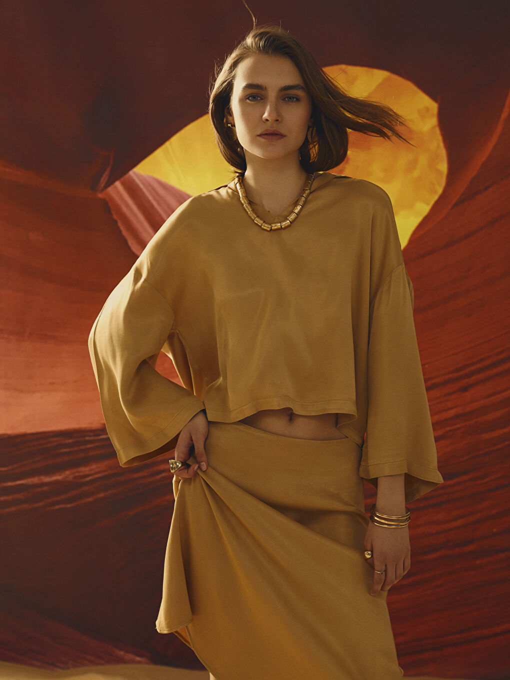 Polo Neck Straight Long Sleeve Satin Women's Blouse-1