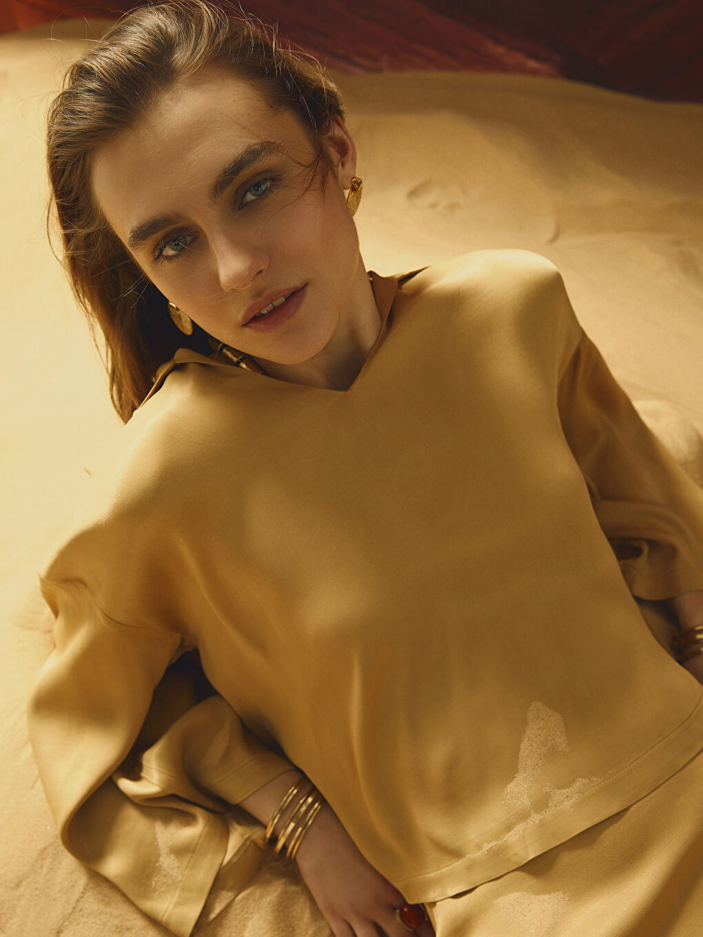 Polo Neck Straight Long Sleeve Satin Women's Blouse-2