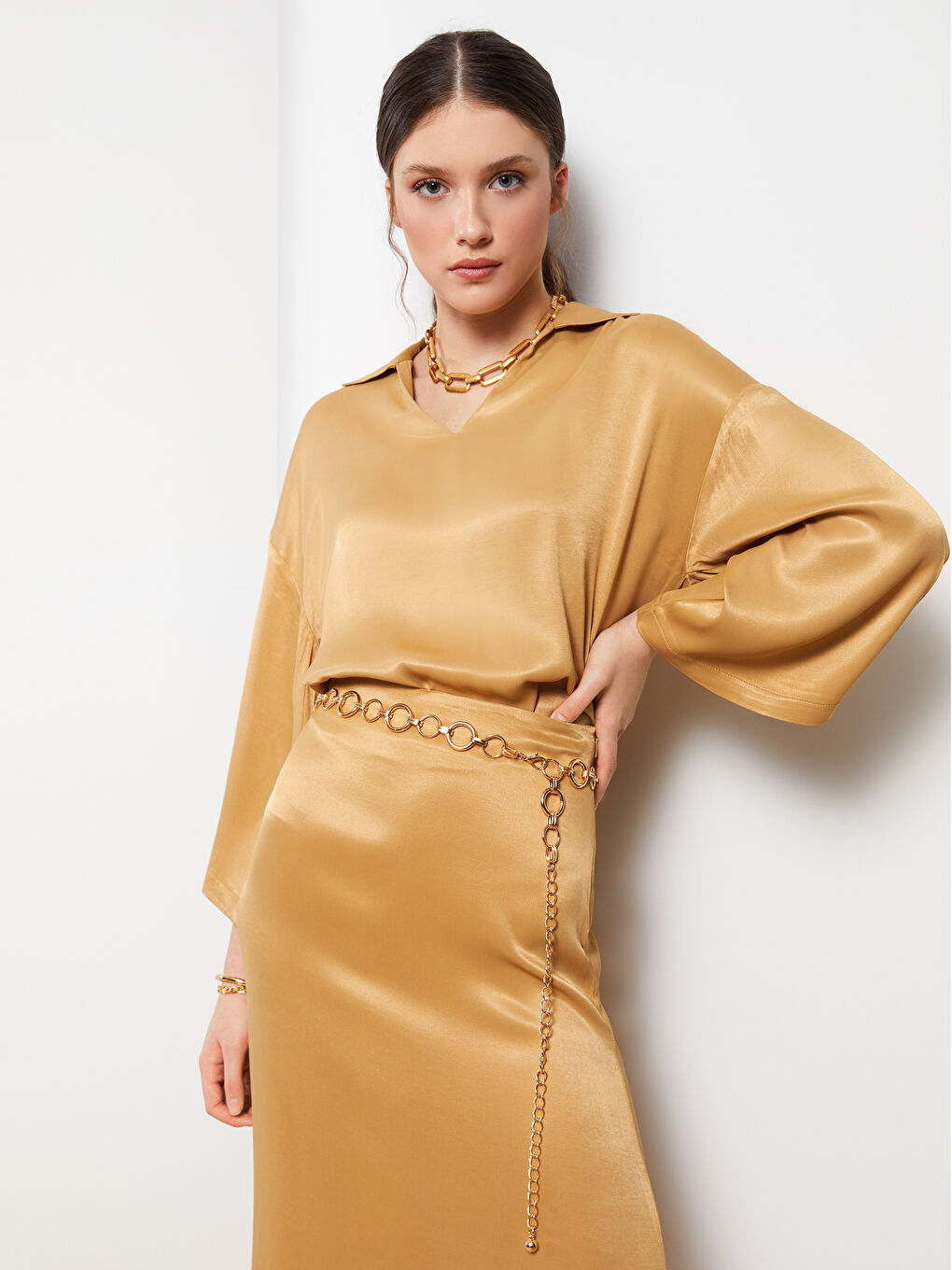 Polo Neck Straight Long Sleeve Satin Women's Blouse-3