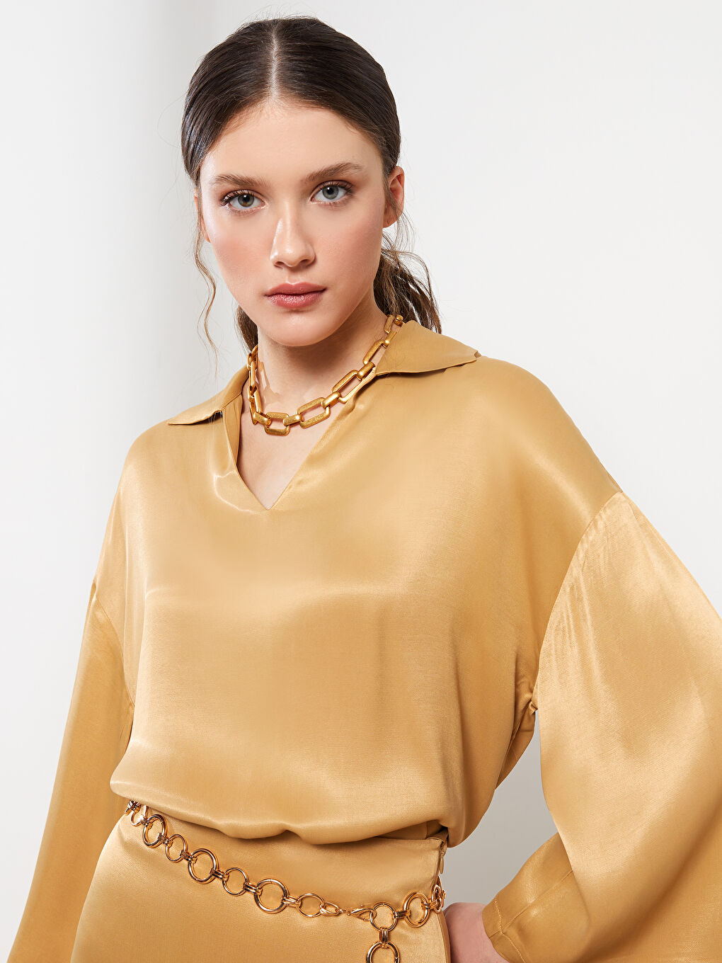 Polo Neck Straight Long Sleeve Satin Women's Blouse-4