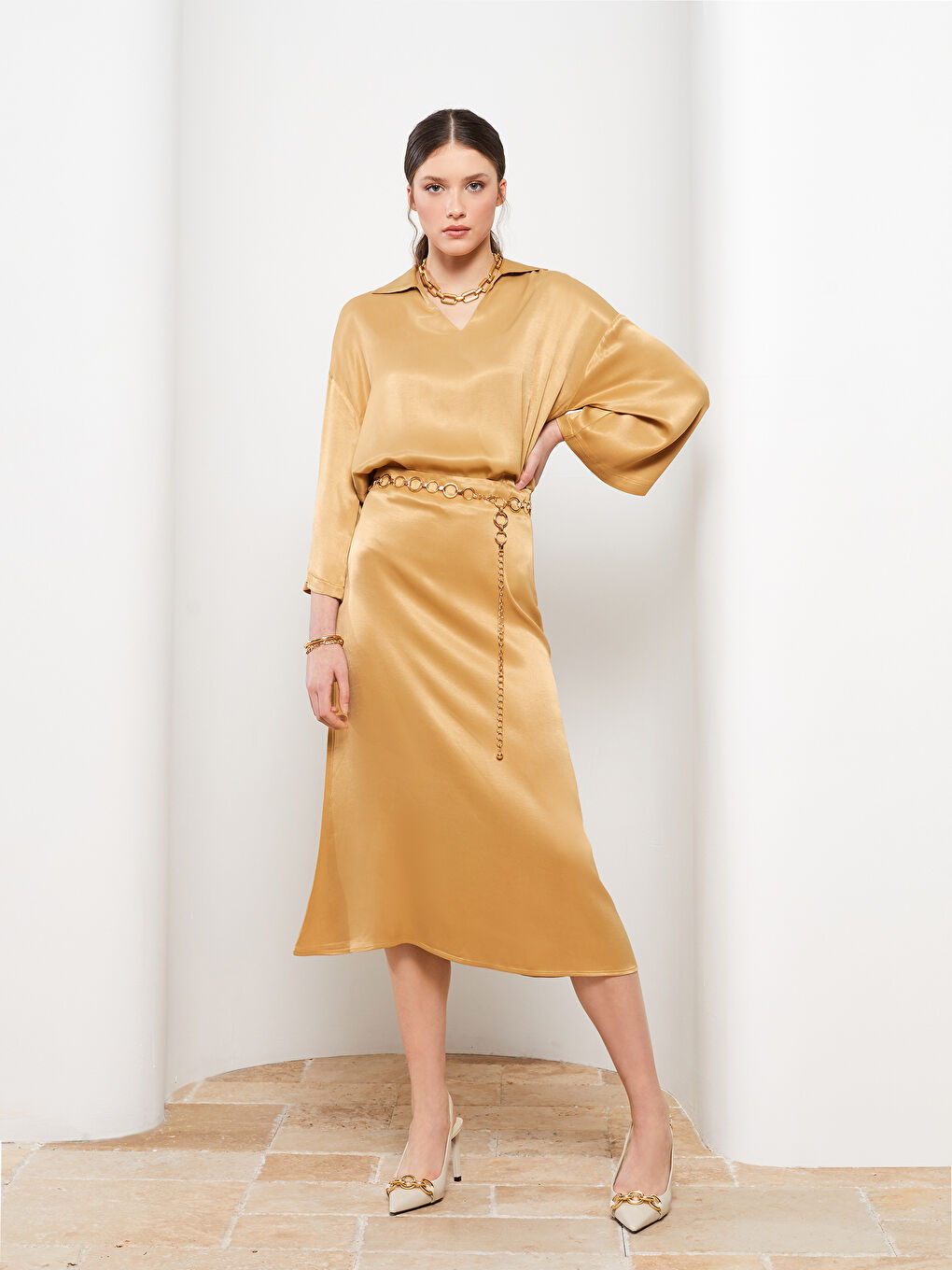 Polo Neck Straight Long Sleeve Satin Women's Blouse-5