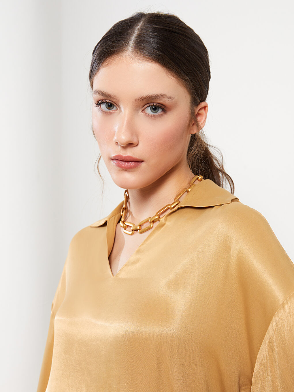 Polo Neck Straight Long Sleeve Satin Women's Blouse-6