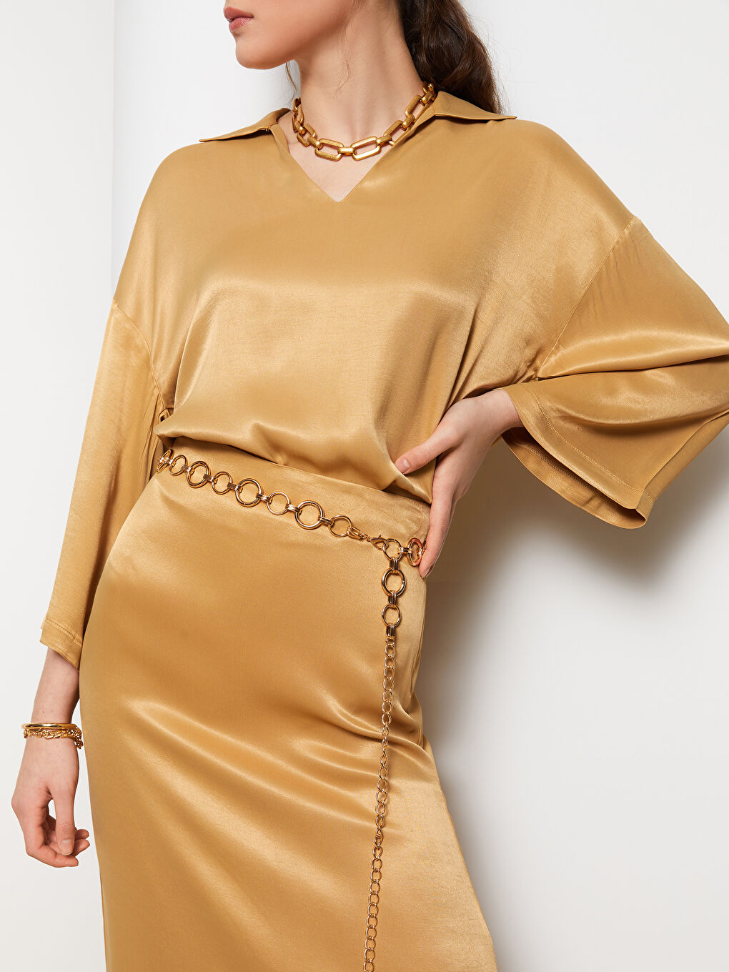 Polo Neck Straight Long Sleeve Satin Women's Blouse-7