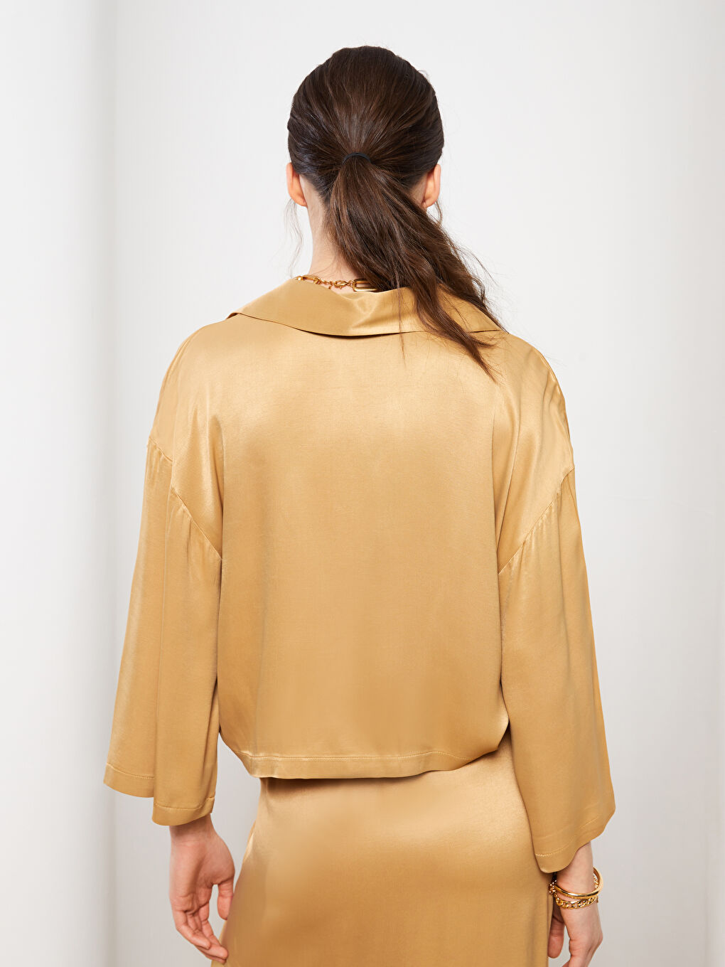 Polo Neck Straight Long Sleeve Satin Women's Blouse-8