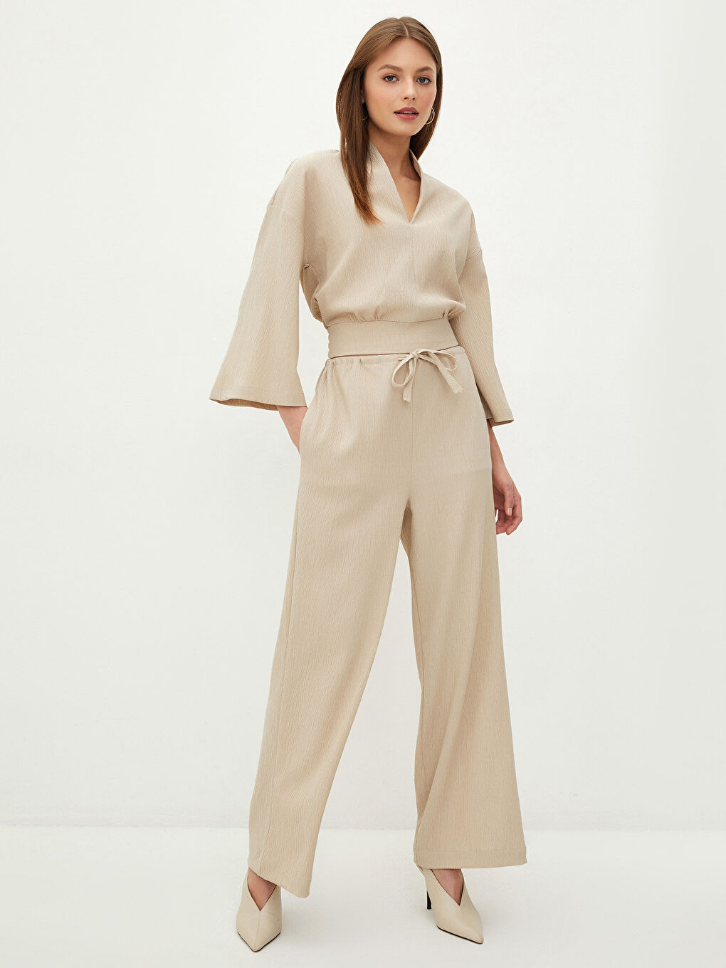 Bej V Yaka Düz Uzun Kollu Kadın Bluz-6