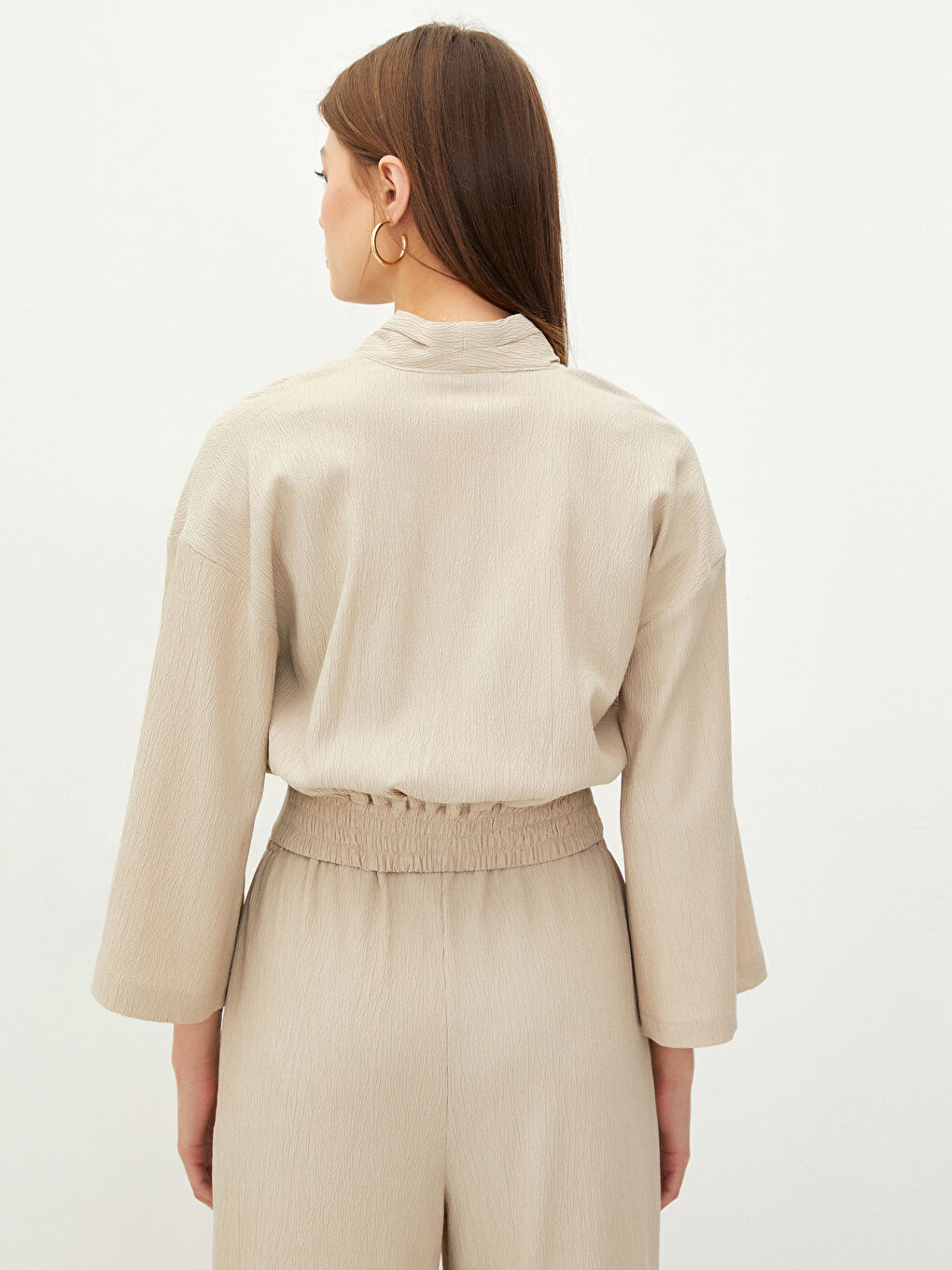 Bej V Yaka Düz Uzun Kollu Kadın Bluz-7