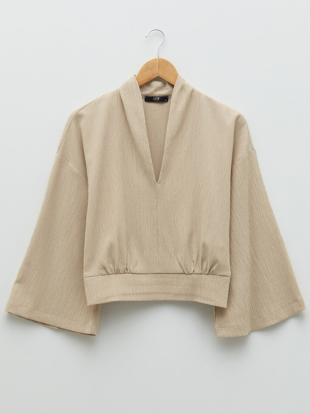 Bej V Yaka Düz Uzun Kollu Kadın Bluz-8